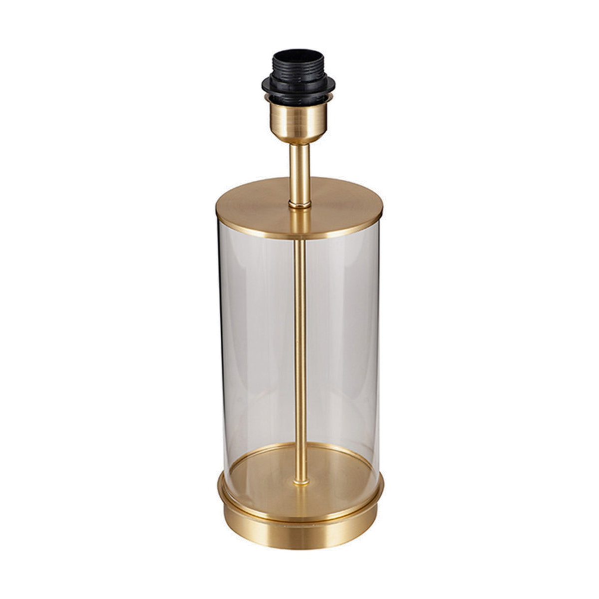 Westwood table lamp base with a clear cylindrical glass body, champagne metal rod, base and cap, and black bulb holder, shown on a plain white background.