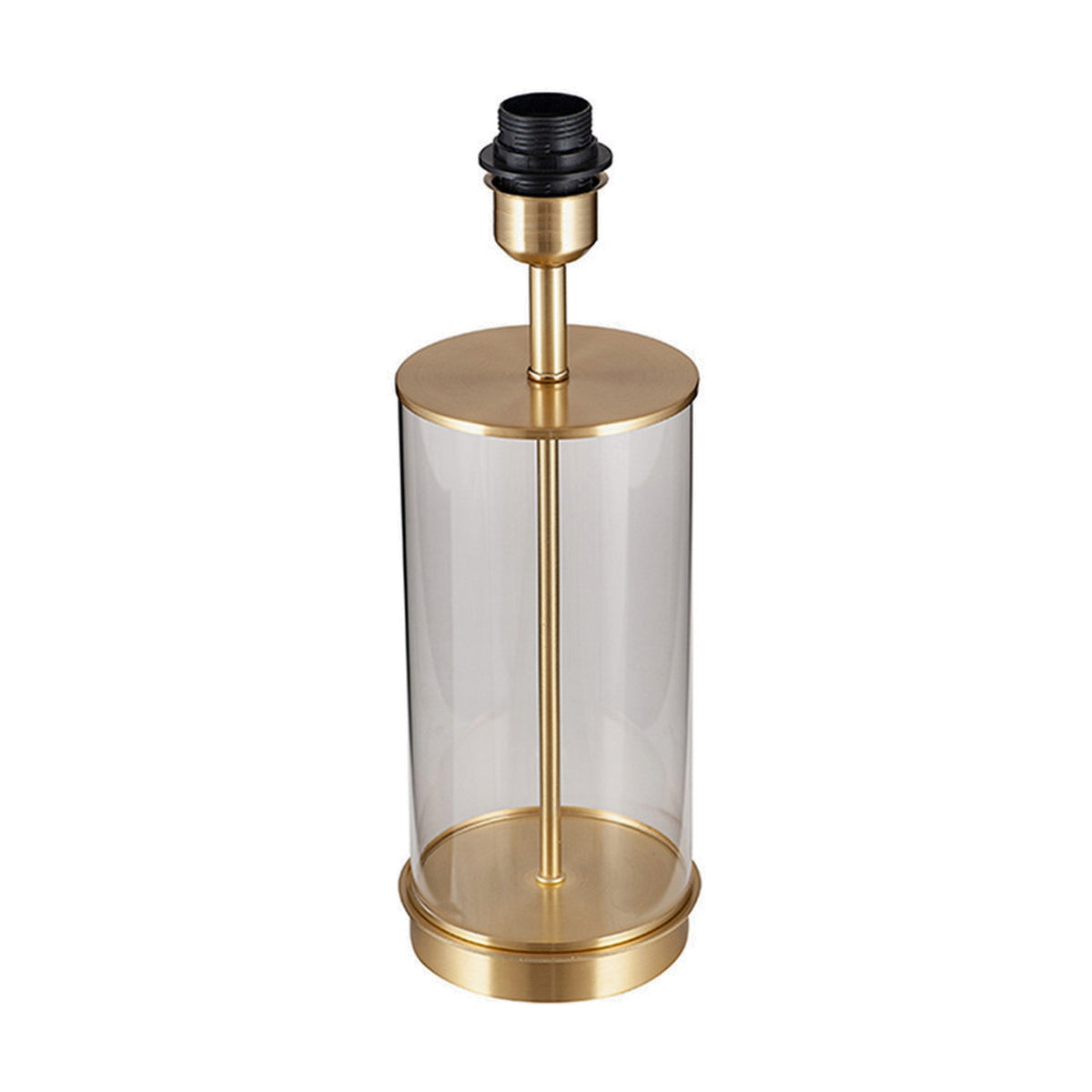 Westwood table lamp base, 39cm, with clear cylindrical glass body, champagne metal top and base, black bulb holder, on a plain white background.