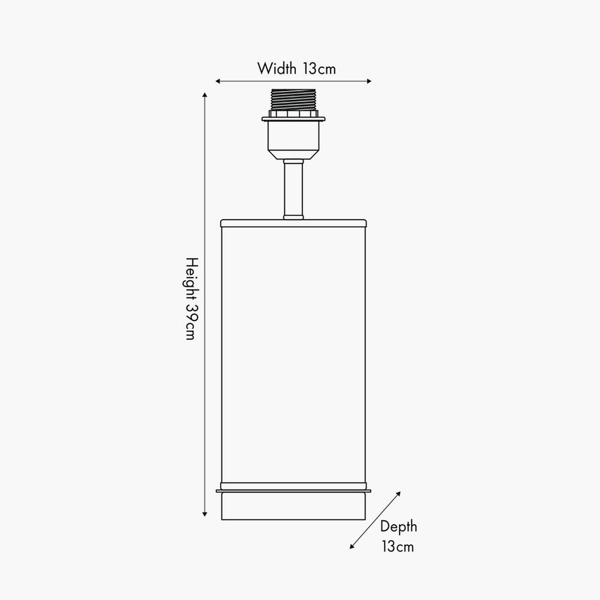 Westwood Table Lamp Base line drawing showing rectangular clear glass column with champagne metal base and fitting, labelled 39cm height, 13cm width and depth.