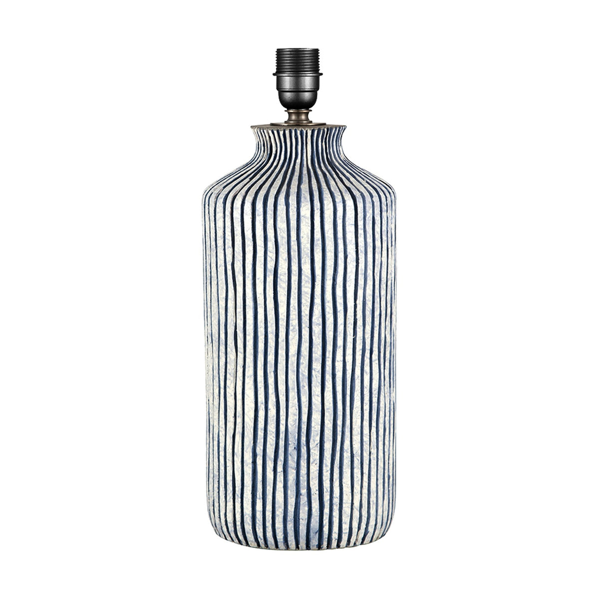 Bude Blue & White Stripe Stoneware Table Lamp Base, 43cm tall ceramic lamp with vertical striped pattern and bronze-toned fitting, shown on a plain white background.
