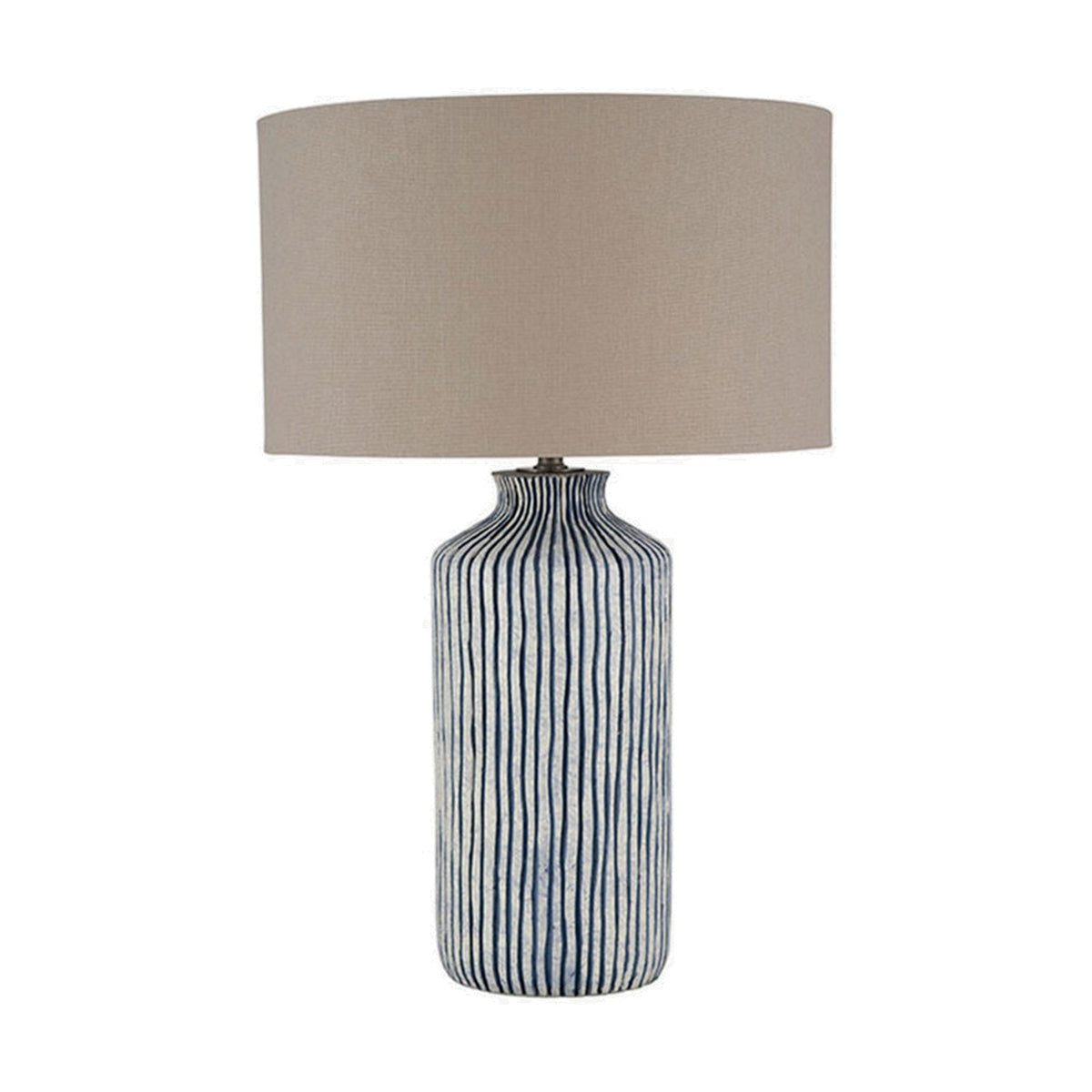 Bude Blue & White Stripe Stoneware Table Lamp, ceramic base with vertical stripe pattern, taupe drum shade, on a plain white background.