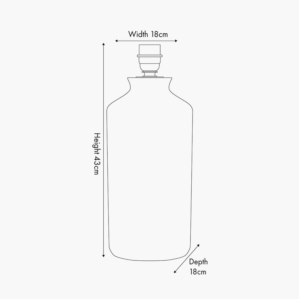 Line drawing of the Bude stoneware table lamp base showing dimensions: 43cm height, 18cm width, and 18cm depth, with visible neck fitting.