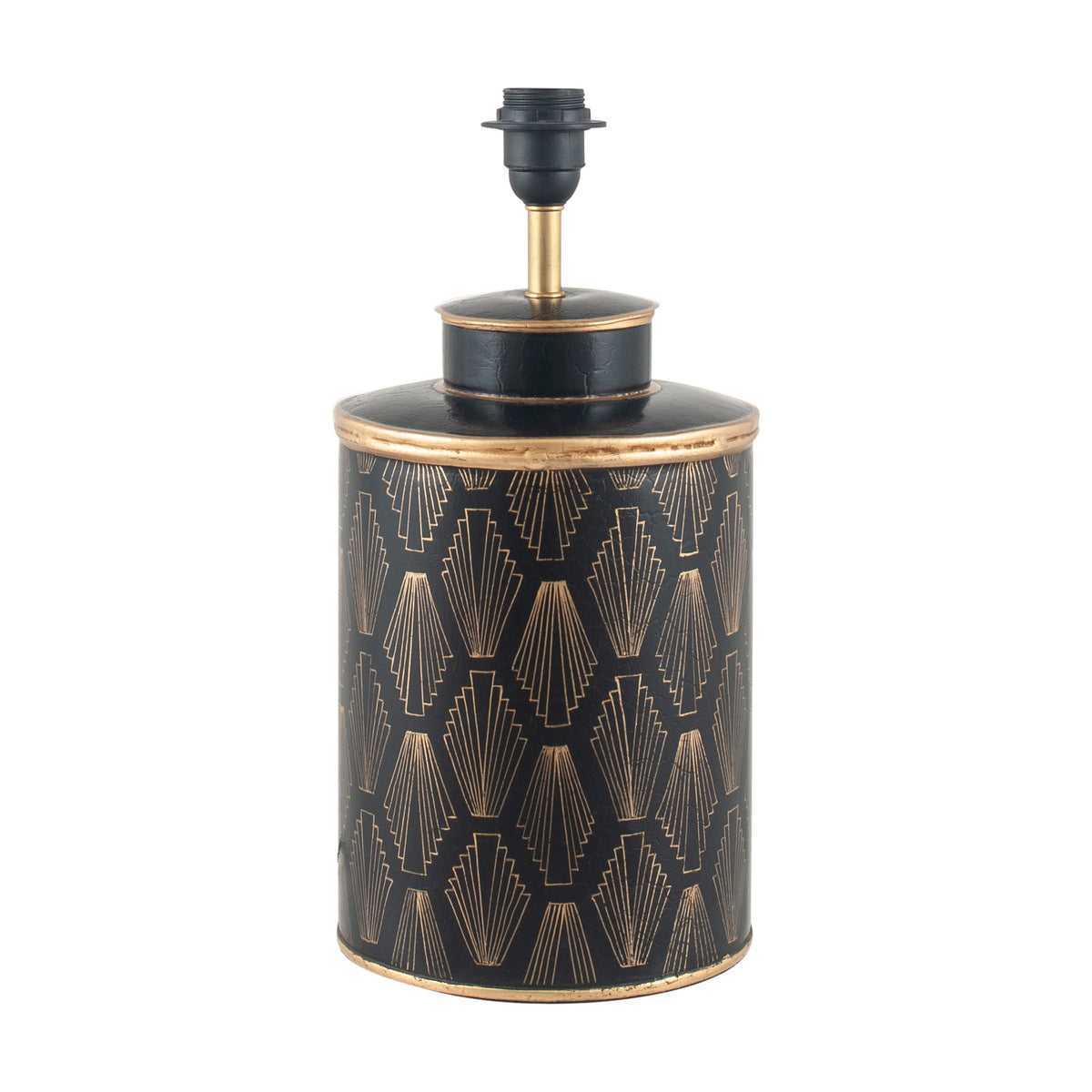 Chrysler Black Art Deco table lamp base, 40cm, cylindrical black metal body with gold fan motifs and trim, black fitting, on a plain white background.