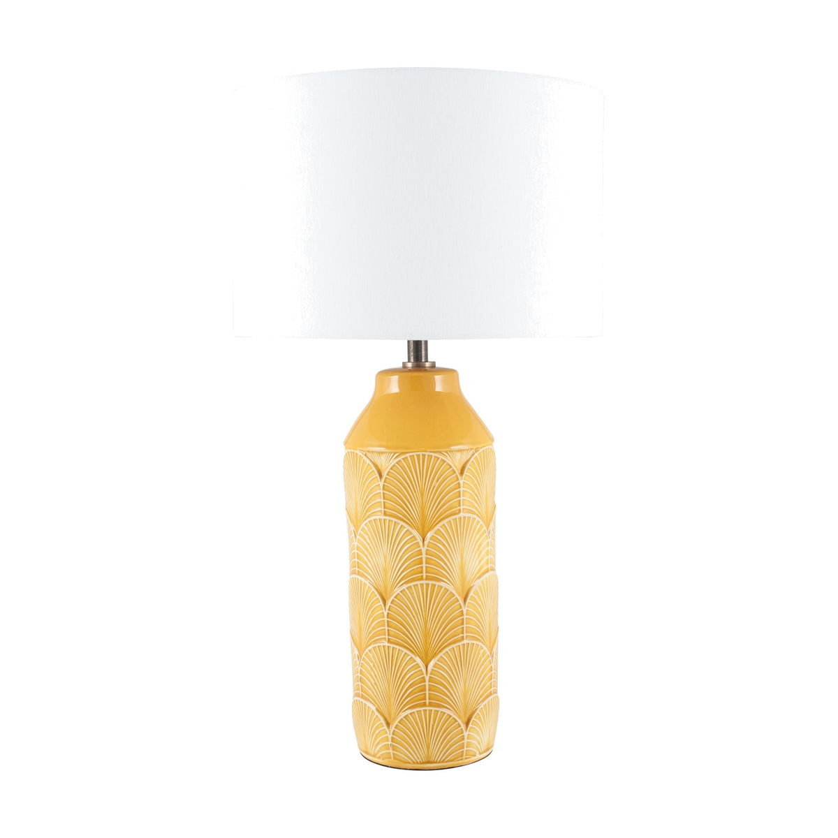 Bethan table lamp with mustard yellow ceramic base featuring embossed art deco fan pattern, topped with a white drum shade, on a plain background.