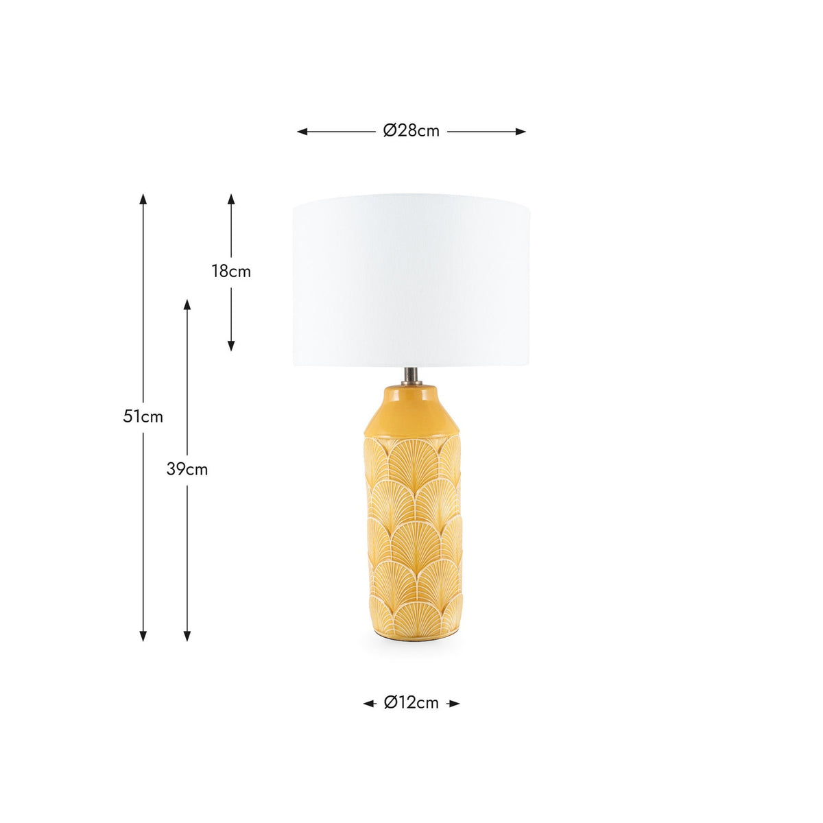 Bethan table lamp with mustard yellow art deco embossed ceramic base and white drum shade, shown with dimensions: 51cm height, Ø28cm shade, Ø12cm base.