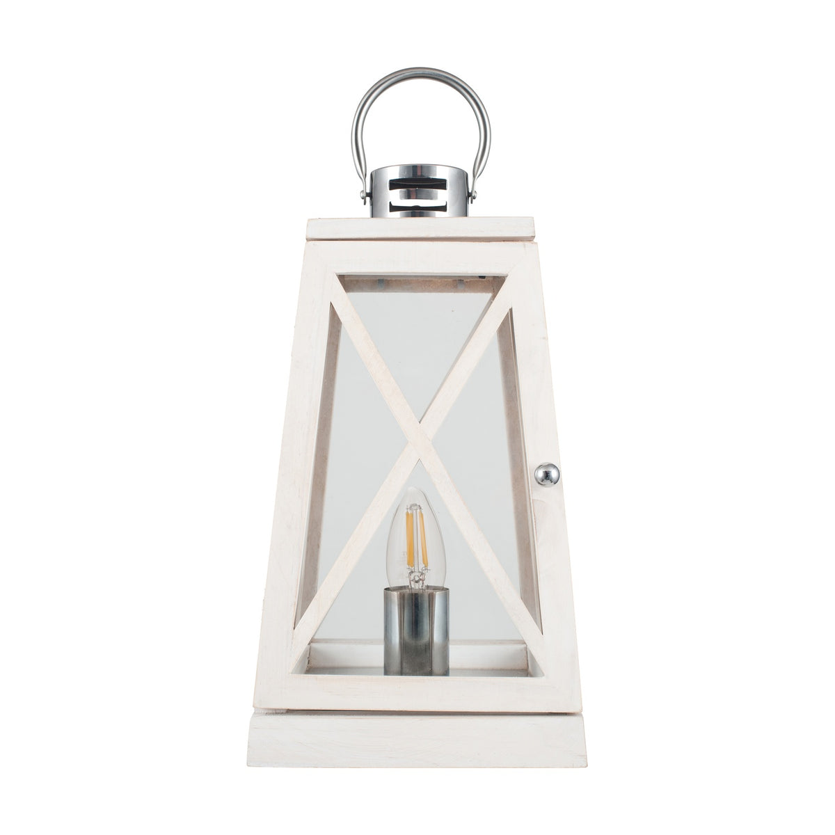Devon White Wash & Chrome Lantern Table Lamp, 44cm, with white wood frame, glass panels, cross-brace detail, chrome handle and candle-style bulb, shown on a plain white background.