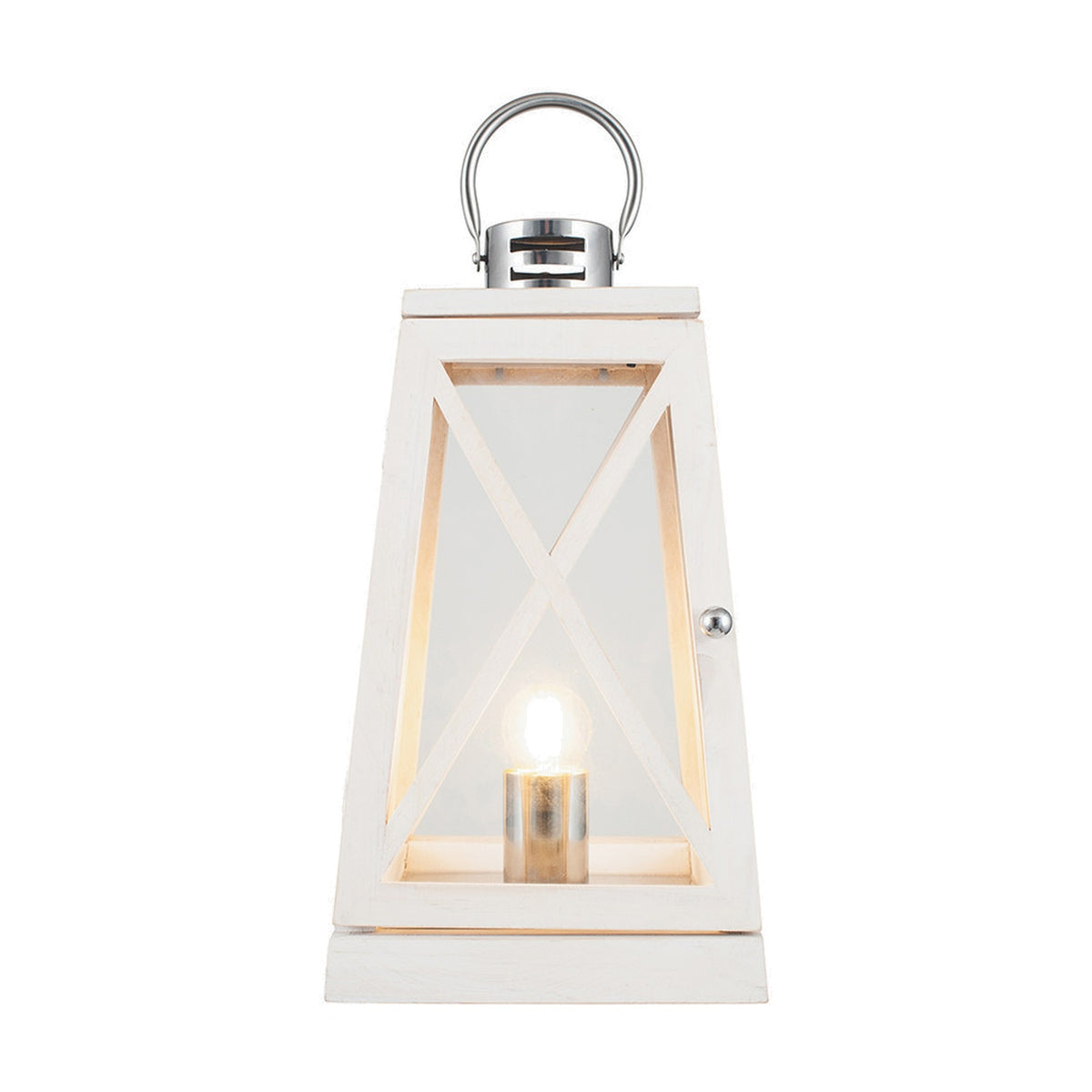Devon White Wash & Chrome Lantern Table Lamp, 44cm, with a wood-framed glass lantern body, cross-brace detailing, chrome carry handle and candle-style bulb, shown lit against a plain white background.