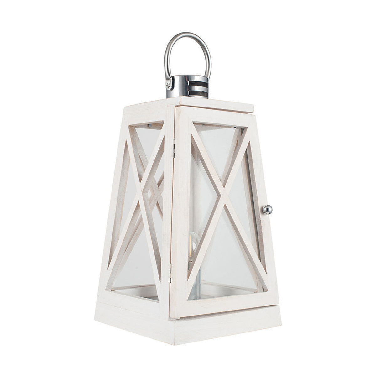 Devon White Wash & Chrome Lantern Table Lamp, 44cm, wood-framed lantern shape with cross-brace glass panels, hinged door, and chrome carry handle, on a plain white background.
