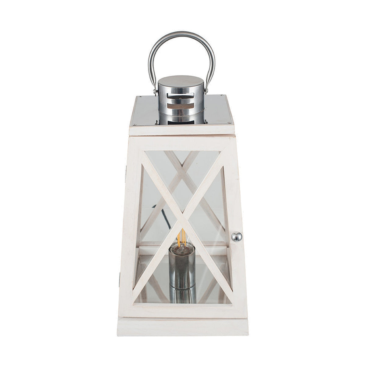 Devon White Wash & Chrome Lantern Table Lamp with glass panels, X-frame wood detailing, and a chrome carry handle, shown on a plain white background.
