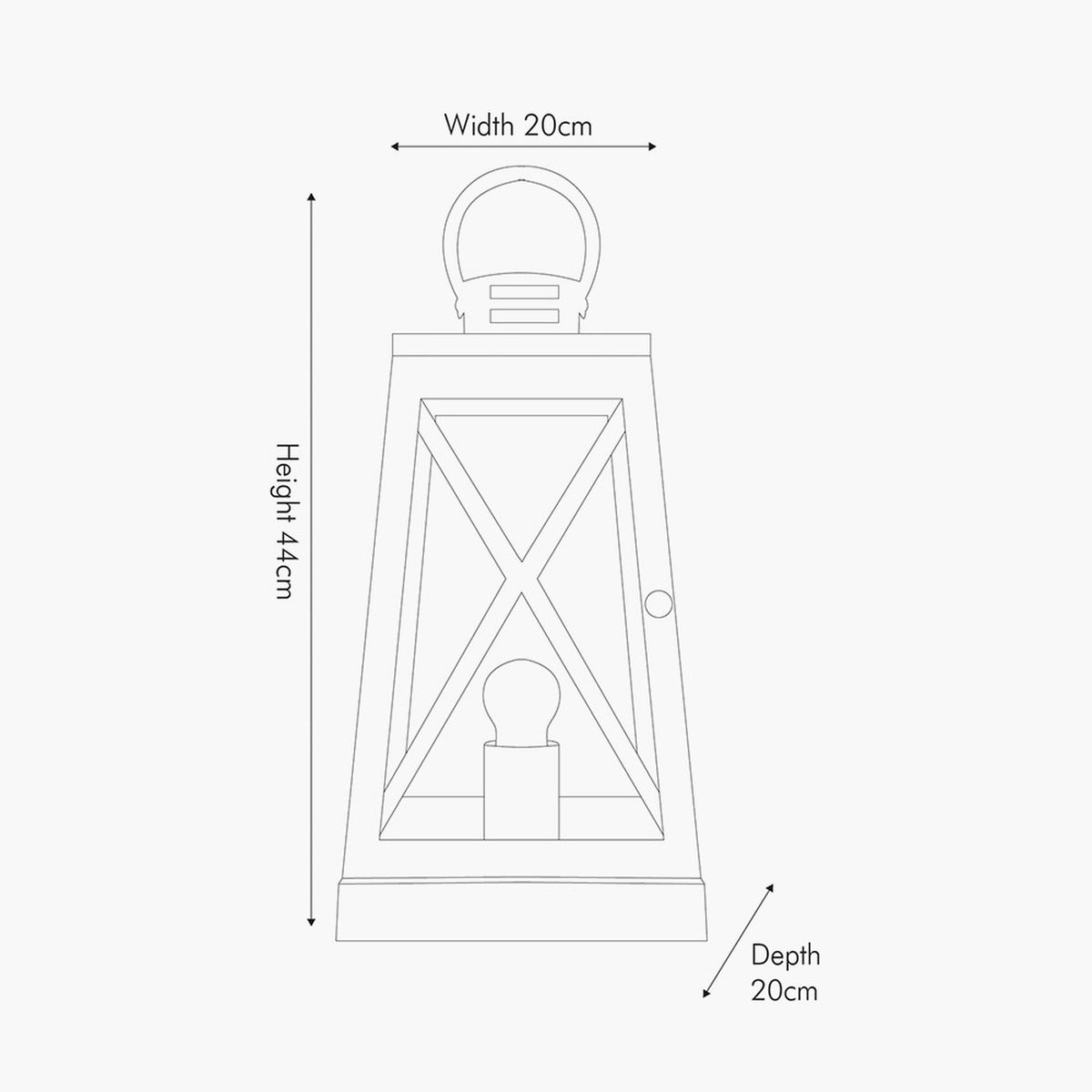Line drawing of the Devon White Wash & Chrome Lantern Table Lamp with cross-frame cage design and top handle, labelled 44cm height, 20cm width and depth.