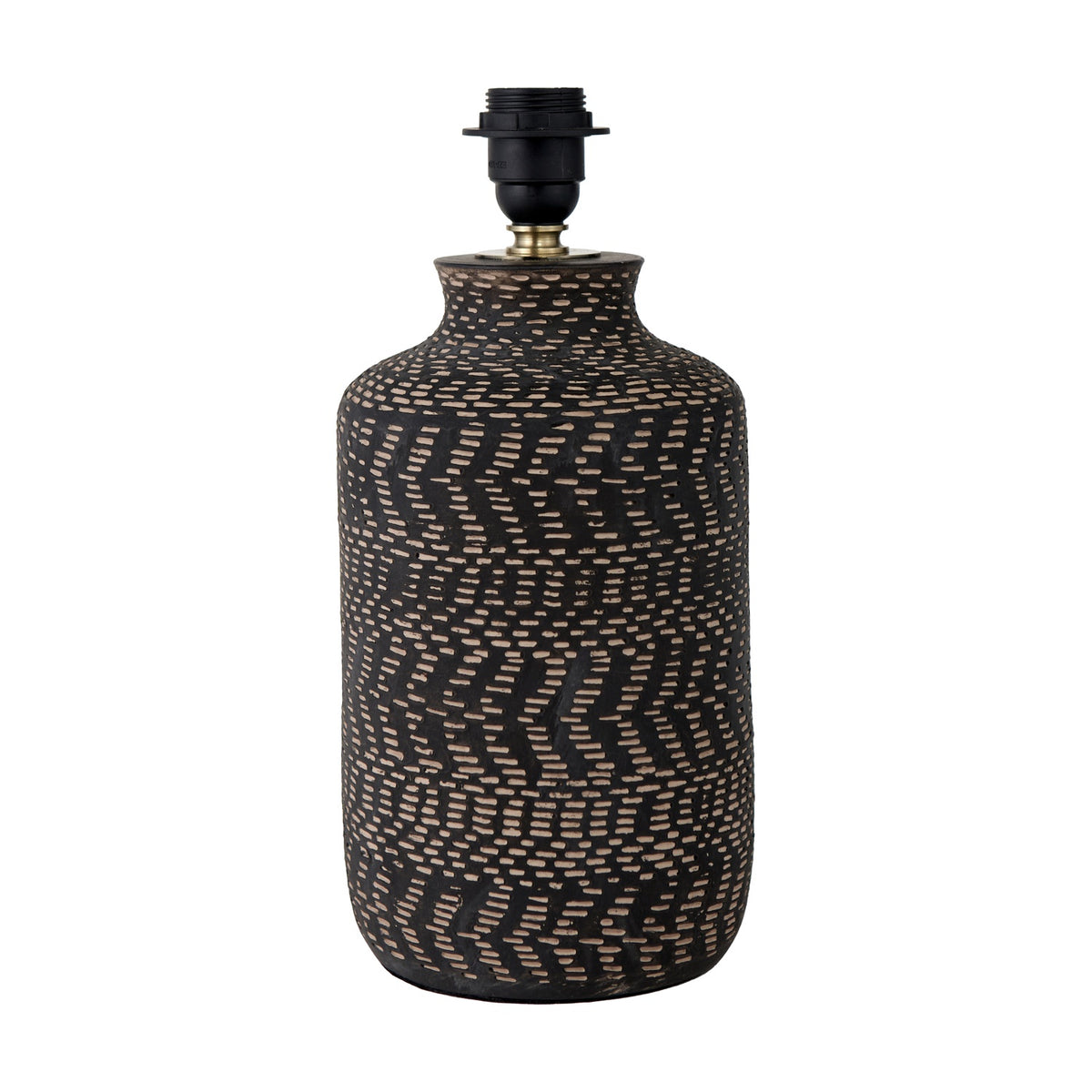 Atouk Textured Black Stoneware Table Lamp Base, 35cm, cylindrical ceramic body with a chevron-dashed texture, black lamp holder fitting, on a plain white background.