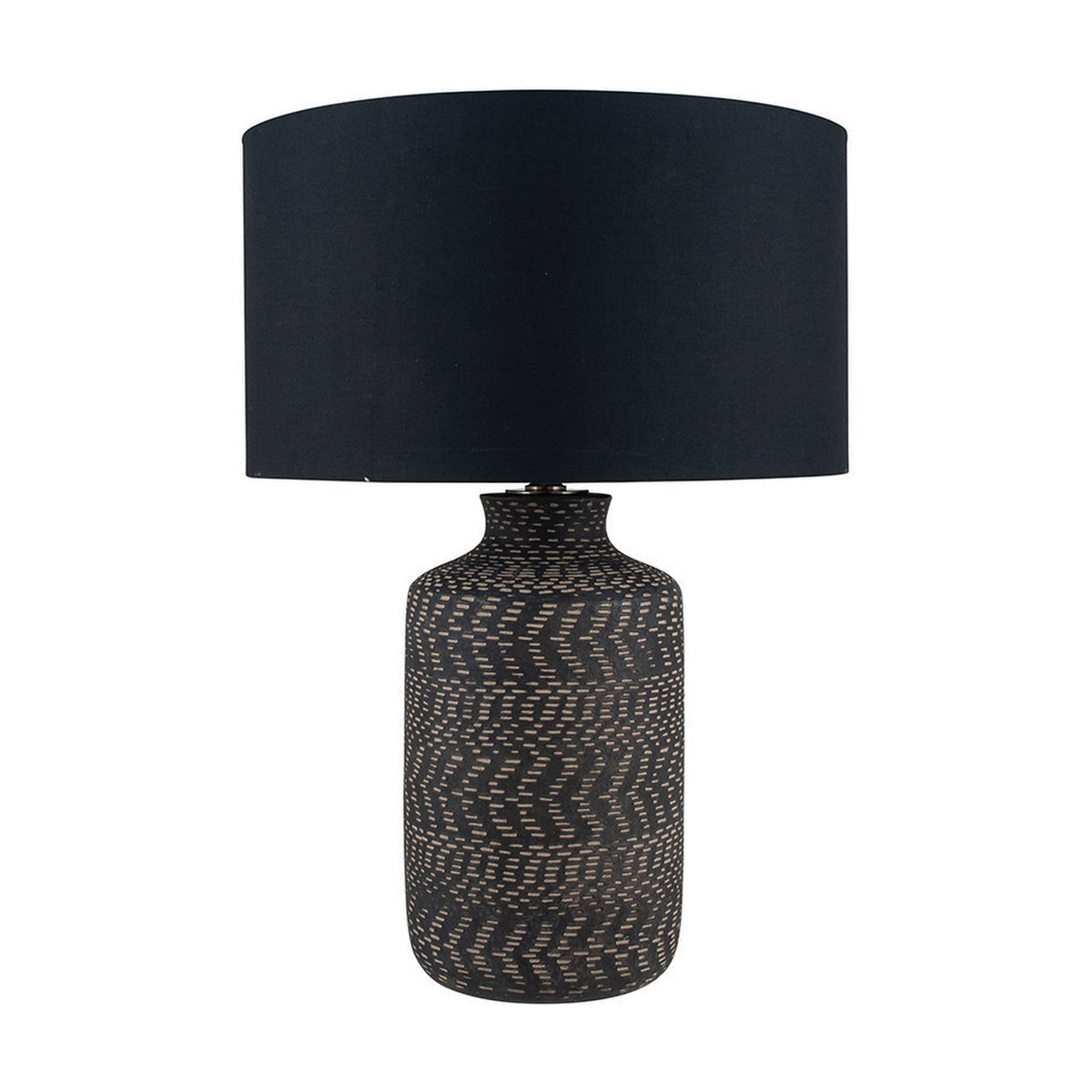 Atouk Textured Black Stoneware Table Lamp Base, 35cm, with chevron-patterned ceramic base and black drum shade, shown on a plain white background.
