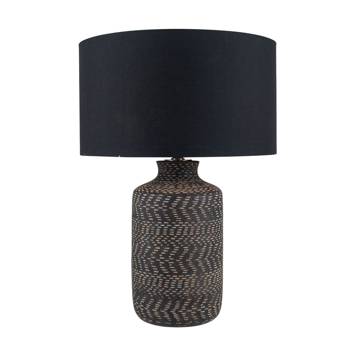 Atouk table lamp with textured black stoneware base and black drum shade, shown on a plain white background.