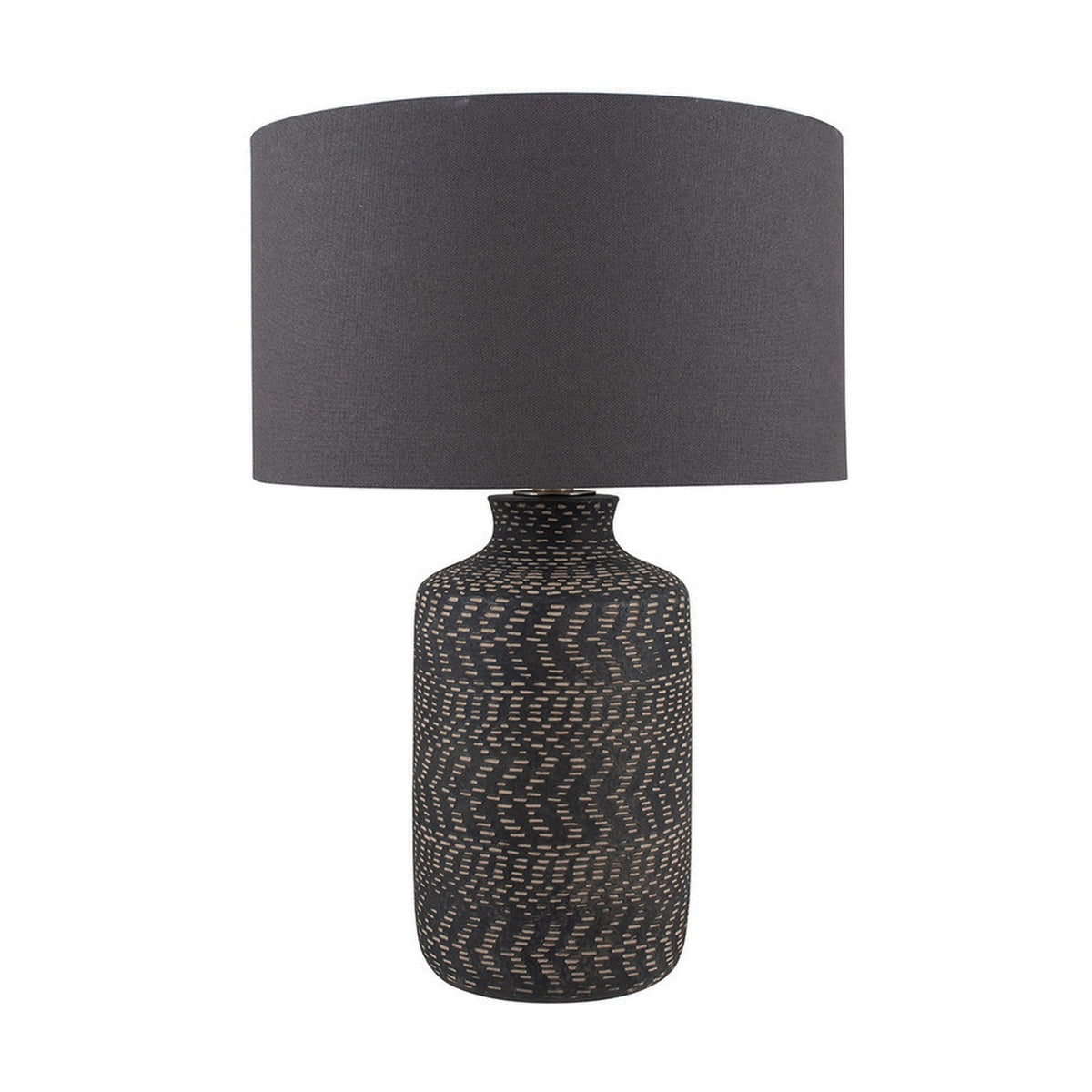 Atouk Textured Black Stoneware Table Lamp with a chevron-patterned ceramic base and dark grey drum shade, shown on a plain white background.
