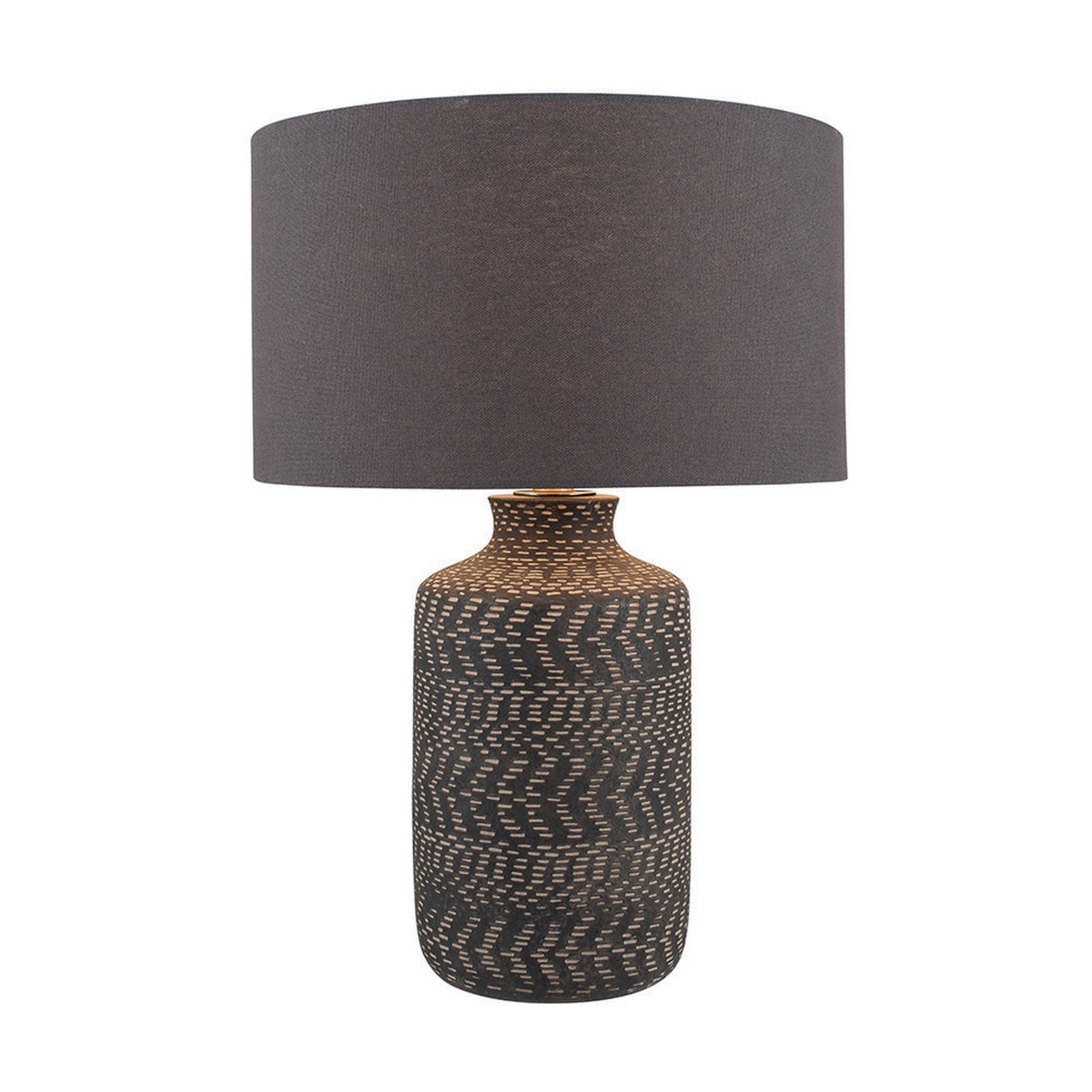 Atouk Textured Black Stoneware Table Lamp Base, 35cm, with chevron-textured ceramic body and grey drum shade, shown on a plain white background.