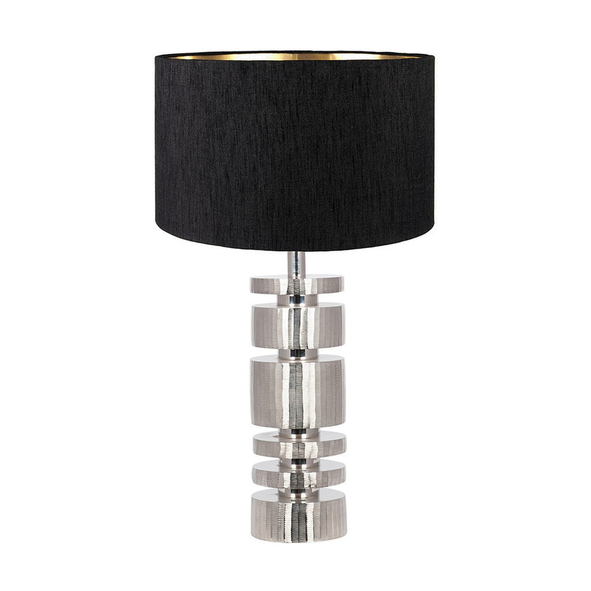 Elon Silver Metal Stacked Cylinder Table Lamp with Black Slubbed Shade