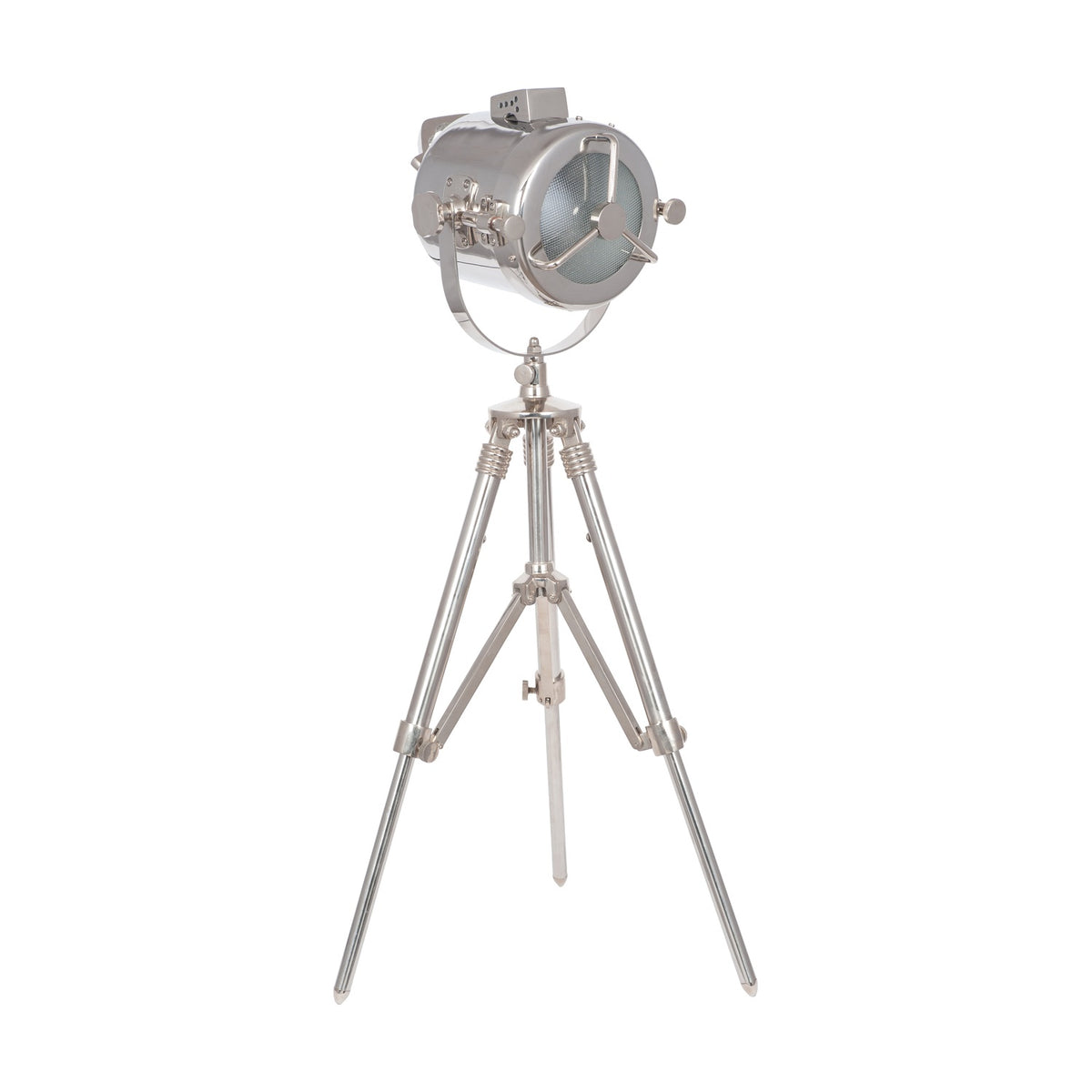 Marine Nickel Silver Searchlight Table Lamp, 67cm, with a round spotlight-style shade and dial on an adjustable tripod stand, set against a plain white background.