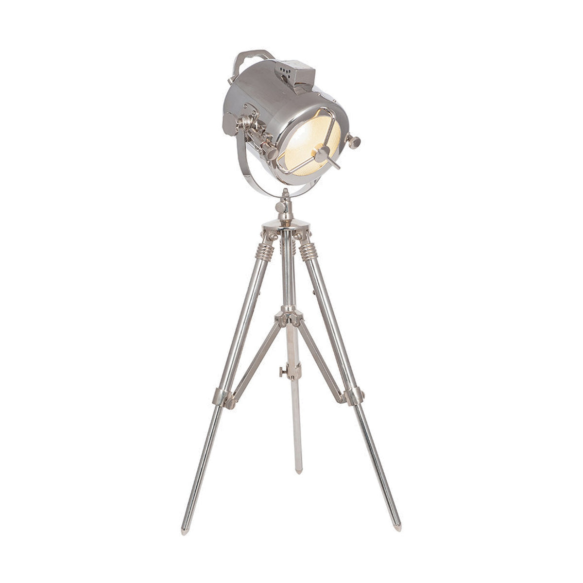 Marine Nickel Silver Searchlight Table Lamp, 67cm, styled on an adjustable tripod stand with a round glass-fronted spotlight head, industrial silver metal finish, shown on a plain white background.