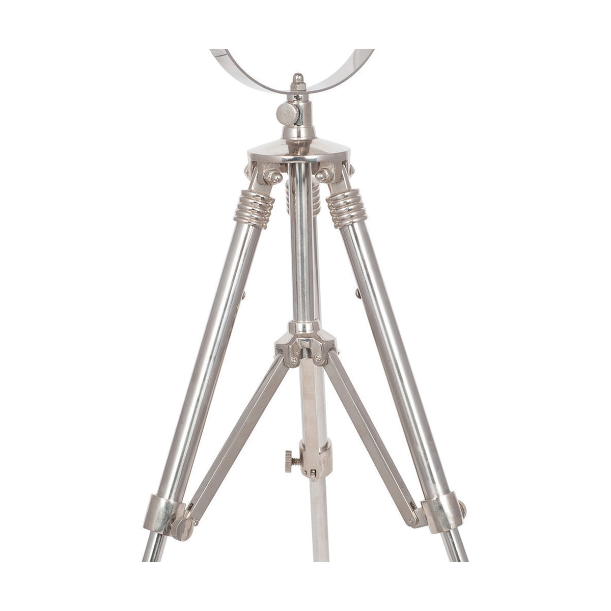 Marine Nickel Silver Searchlight Table Lamp, 67cm, showing the polished metal tripod base with adjustable legs and joint fittings against a plain white background.