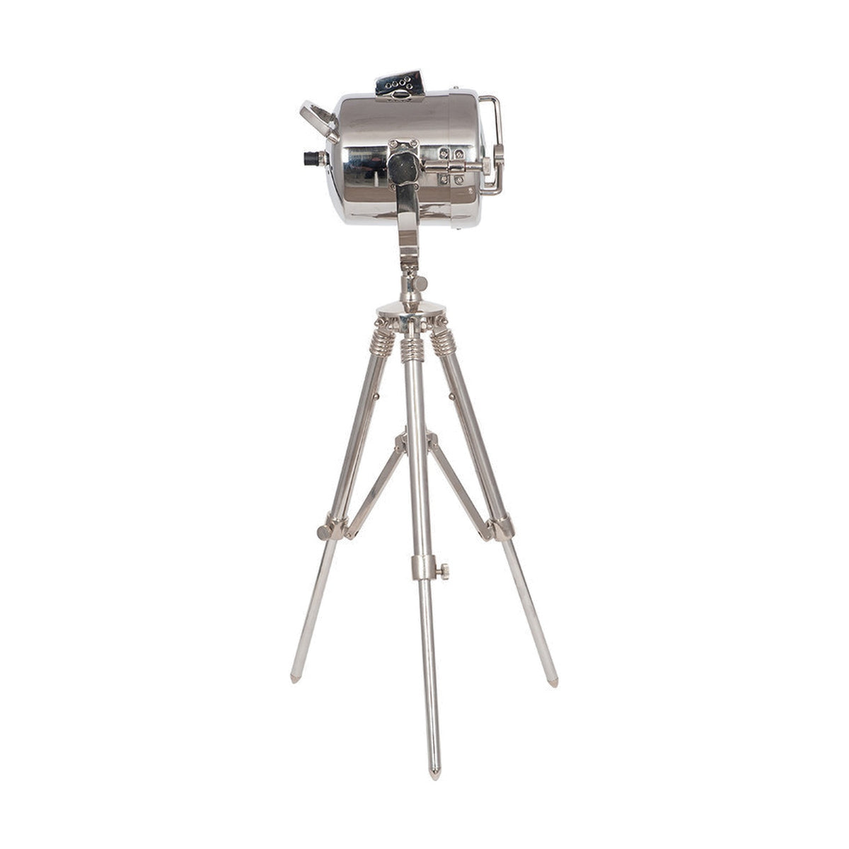 Marine Nickel Silver Searchlight Table Lamp, 67cm, with cylindrical spotlight head on an adjustable tripod stand, polished silver finish, shown on a plain white background.