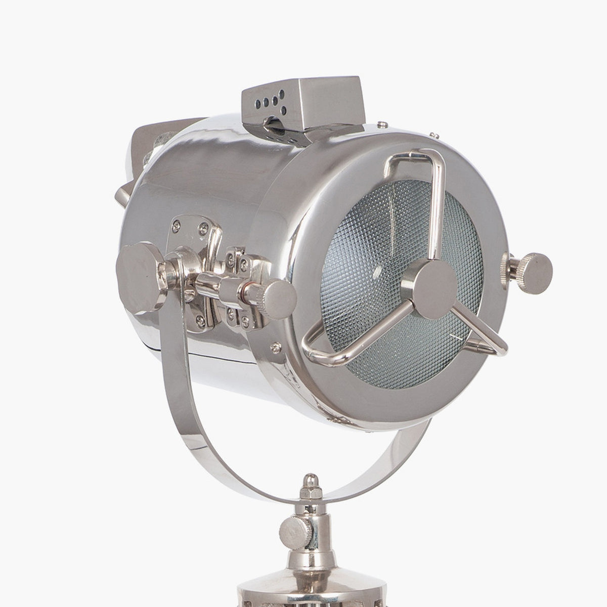 Marine Nickel Silver Searchlight Table Lamp, 67cm, close-up of the cylindrical polished nickel head with mesh-covered lens, tri-arm guard, and adjustment knobs on a plain white background.