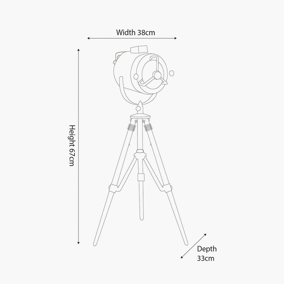 Line drawing of the Marine Nickel Silver Searchlight Table Lamp on tripod base, with dimensions labelled: width 38cm, height 67cm, depth 33cm.