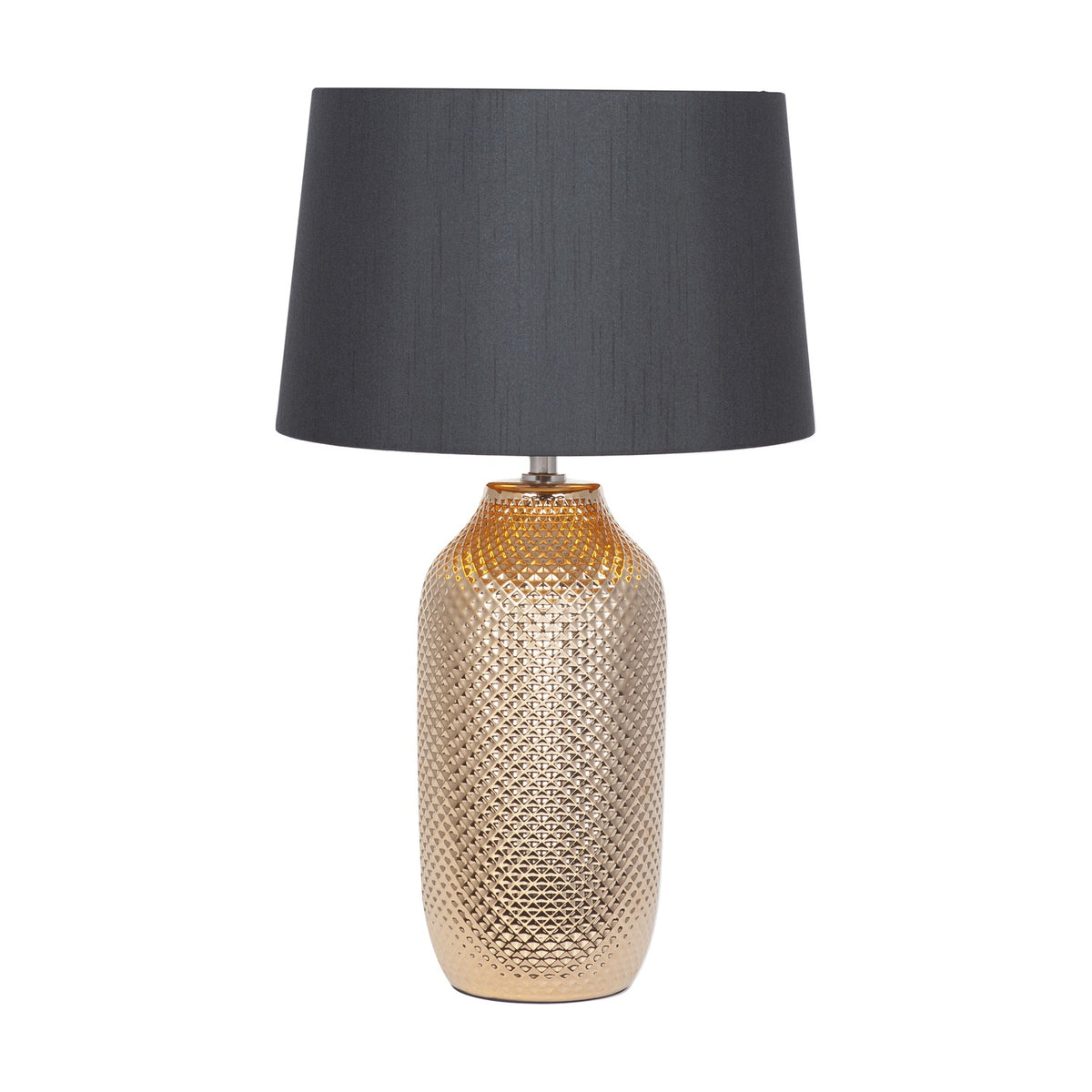 Nova Gold Textured Ceramic Table Lamp, 50cm, with a studded gold ceramic base and grey tapered fabric shade, shown on a plain white background.