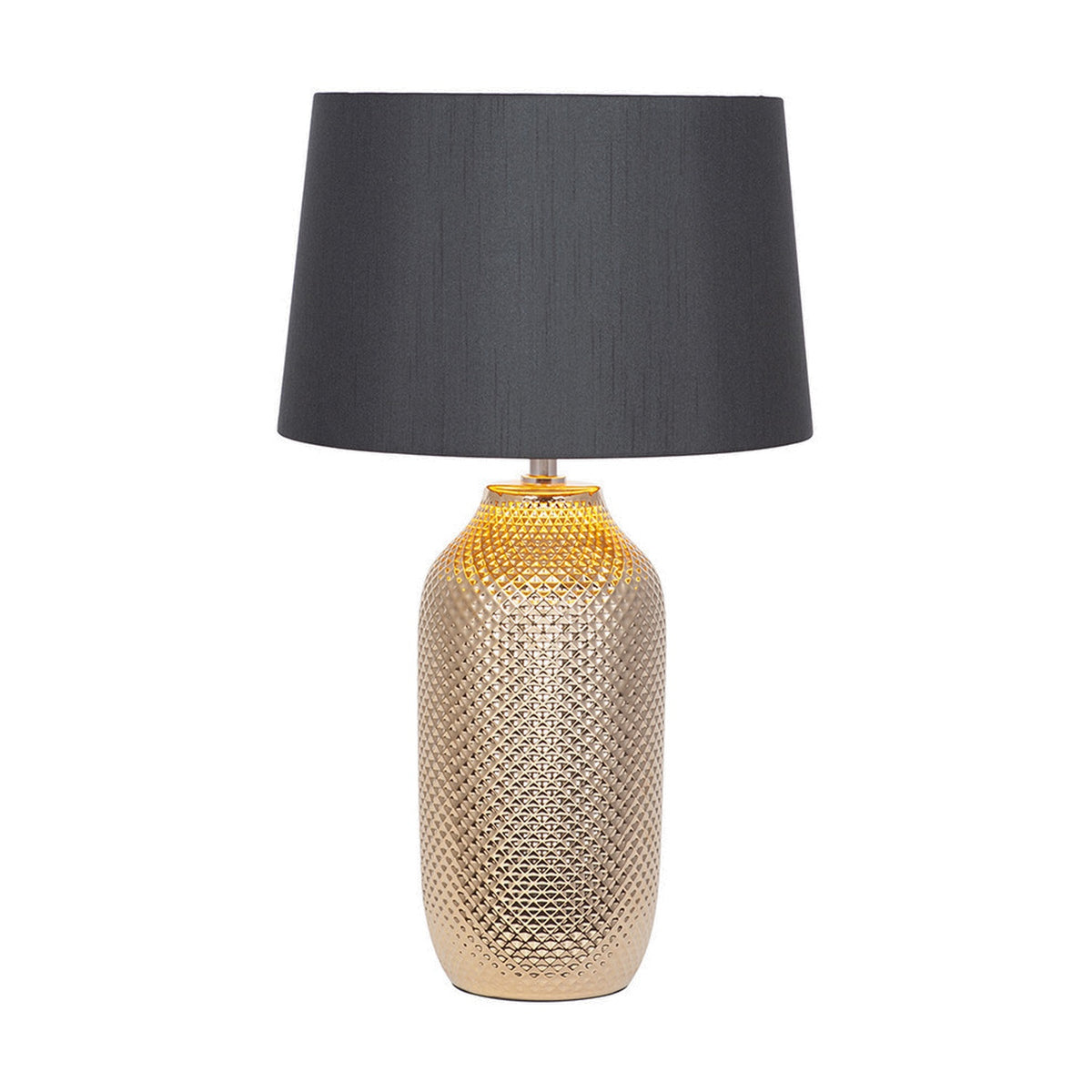 Nova Gold Textured Ceramic Table Lamp, 50cm, with a diamond-textured gold ceramic base and a grey tapered fabric shade, shown on a plain white background.