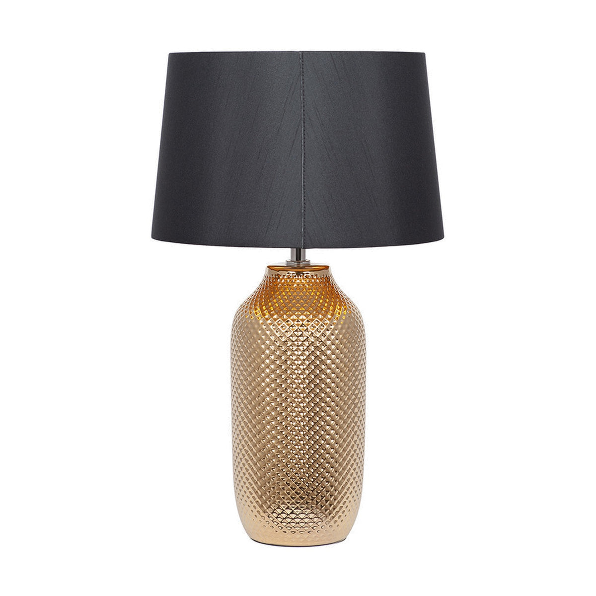 Nova Gold Textured Ceramic Table Lamp, 50cm, with a diamond-textured gold ceramic base and tapered black fabric shade, shown on a plain white background.