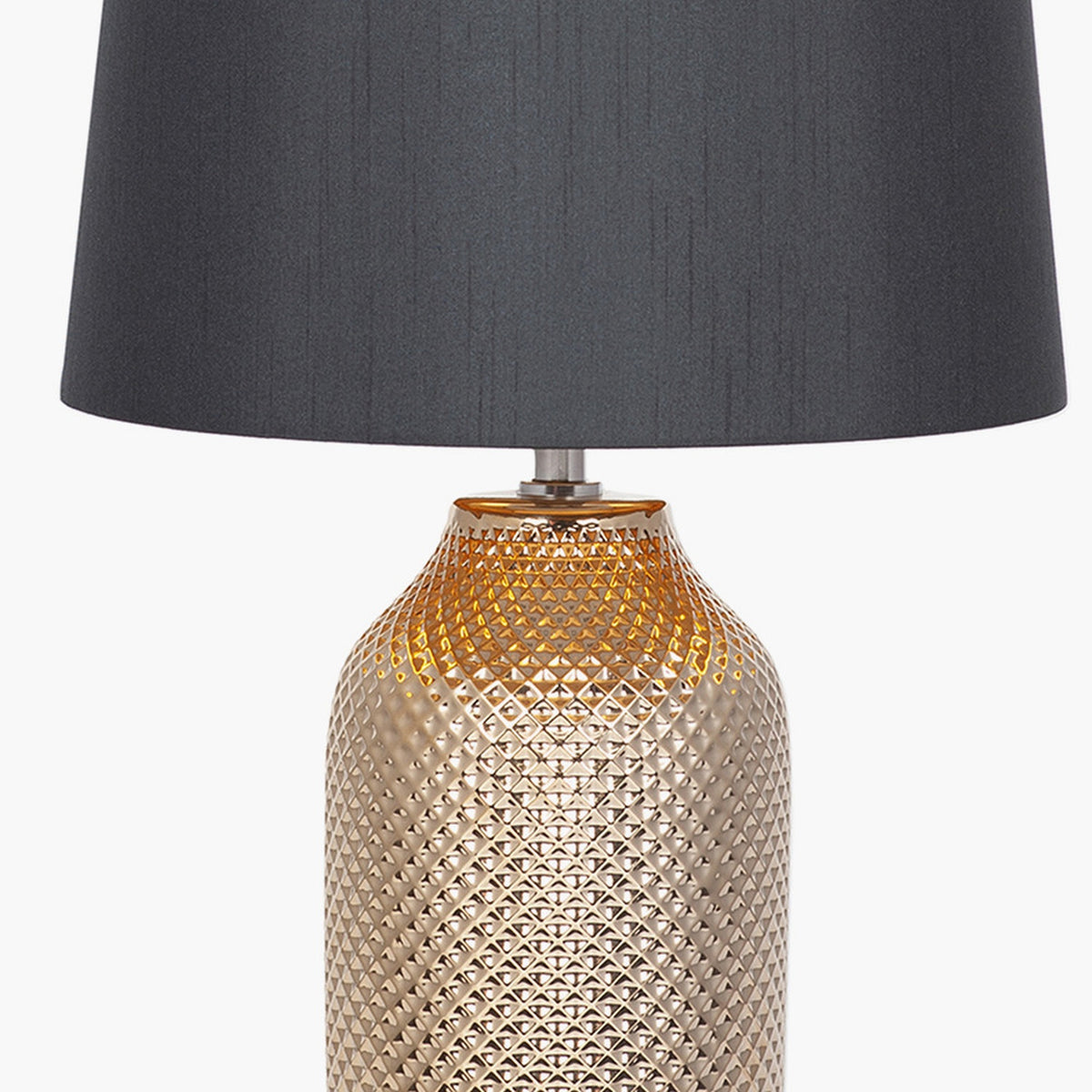 Nova Gold Textured Ceramic Table Lamp, 50cm, with a diamond-textured gold ceramic base and charcoal grey fabric shade, shown against a plain white background.