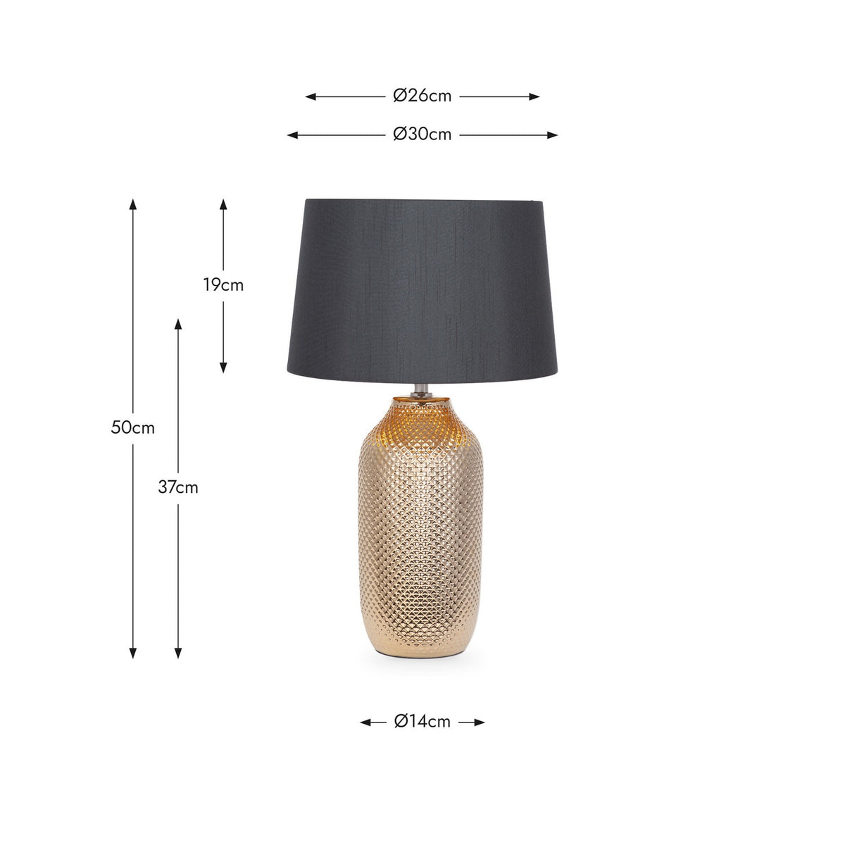Nova Gold Textured Ceramic Table Lamp, 50cm tall with a dark grey fabric shade on a textured gold ceramic base, shown with dimension labels on a white background.