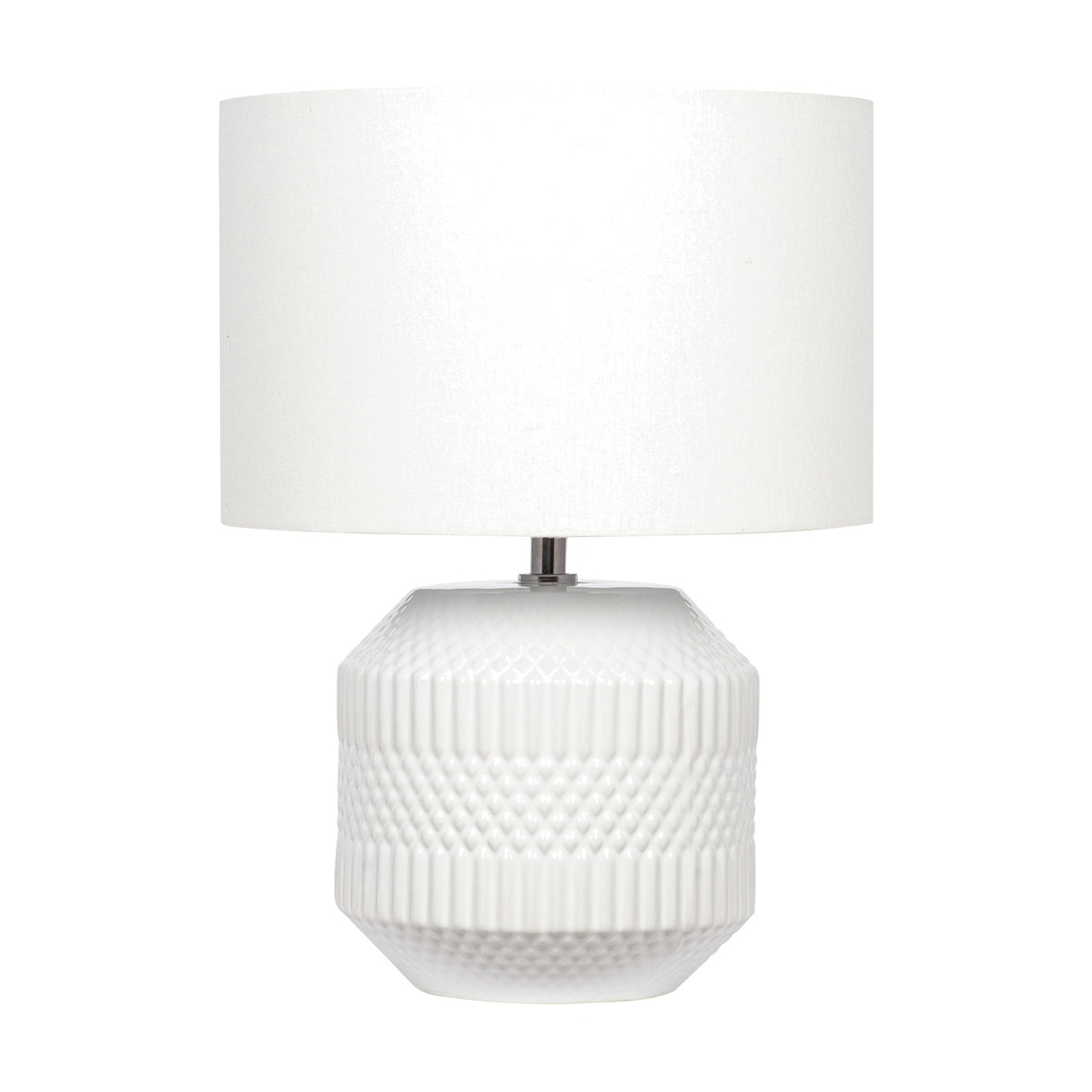 Meribel White Geo Textured Ceramic Table Lamp, 38cm, with a patterned ridged base and white drum shade, shown against a plain white background.