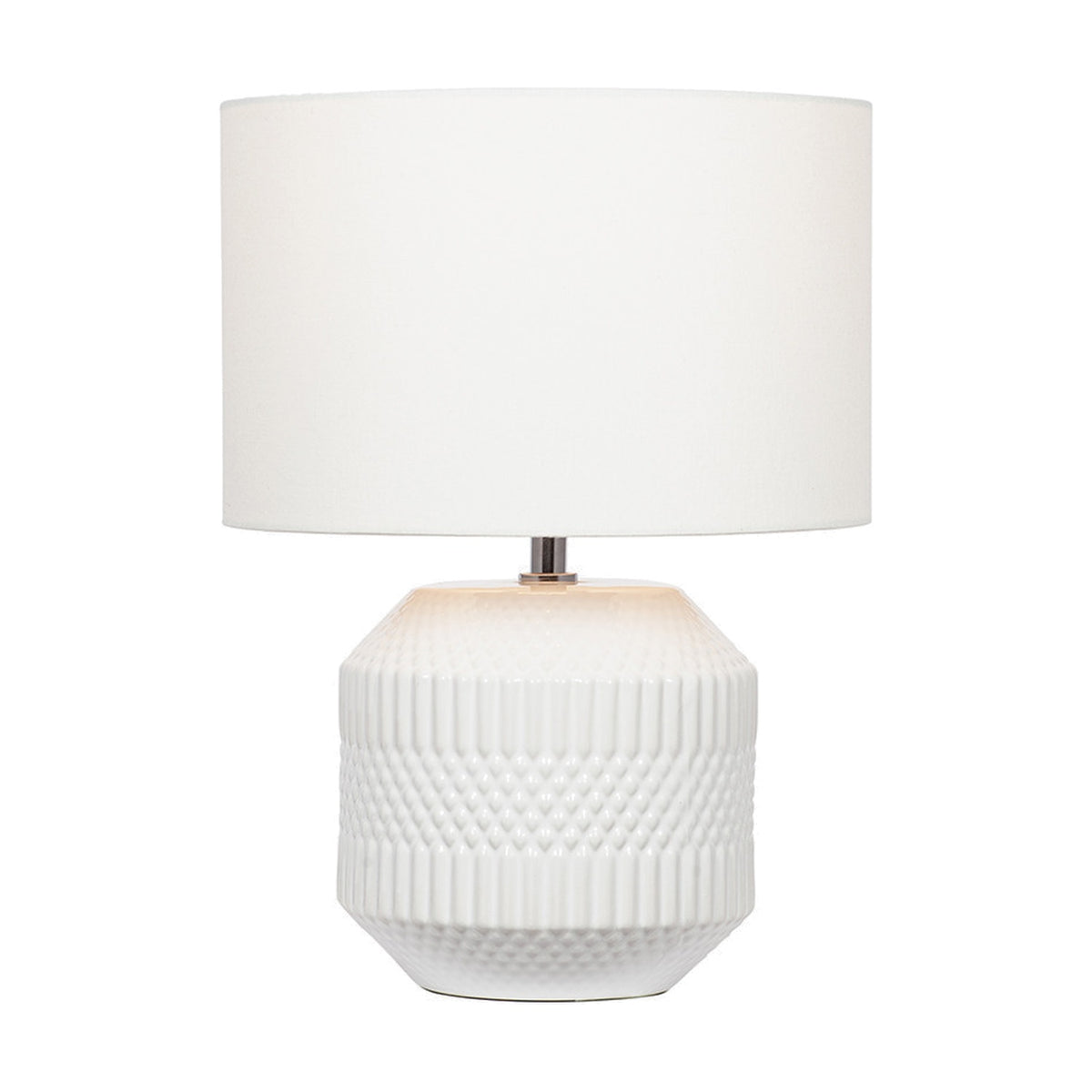 Meribel White Geo Textured Ceramic Table Lamp, 38cm, with a ridged geometric ceramic base and white drum fabric shade, shown on a plain white background.