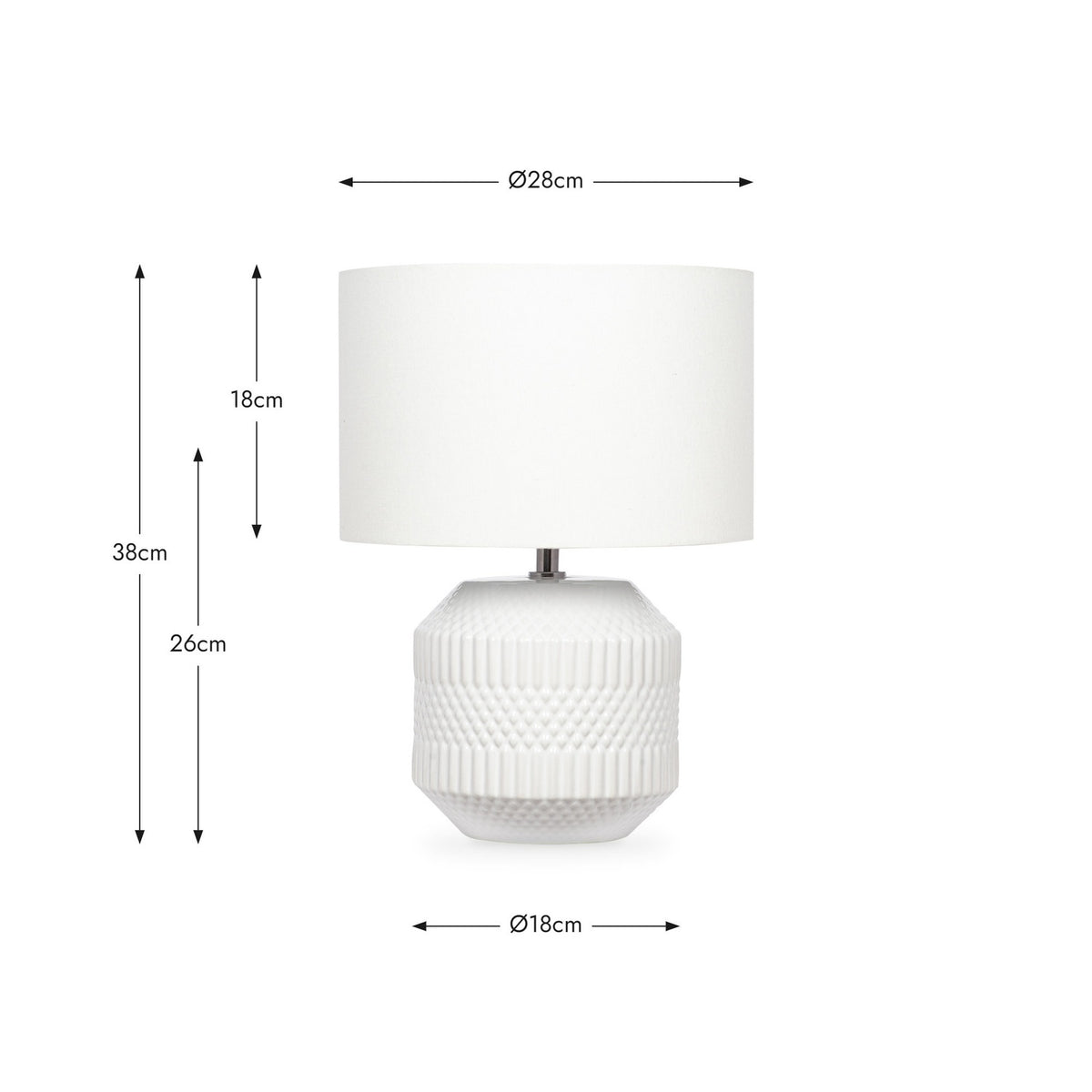 Meribel White Geo Textured Ceramic Table Lamp with white drum shade, shown with dimensions: 38cm total height, Ø28cm shade, Ø18cm base, on a plain white background.