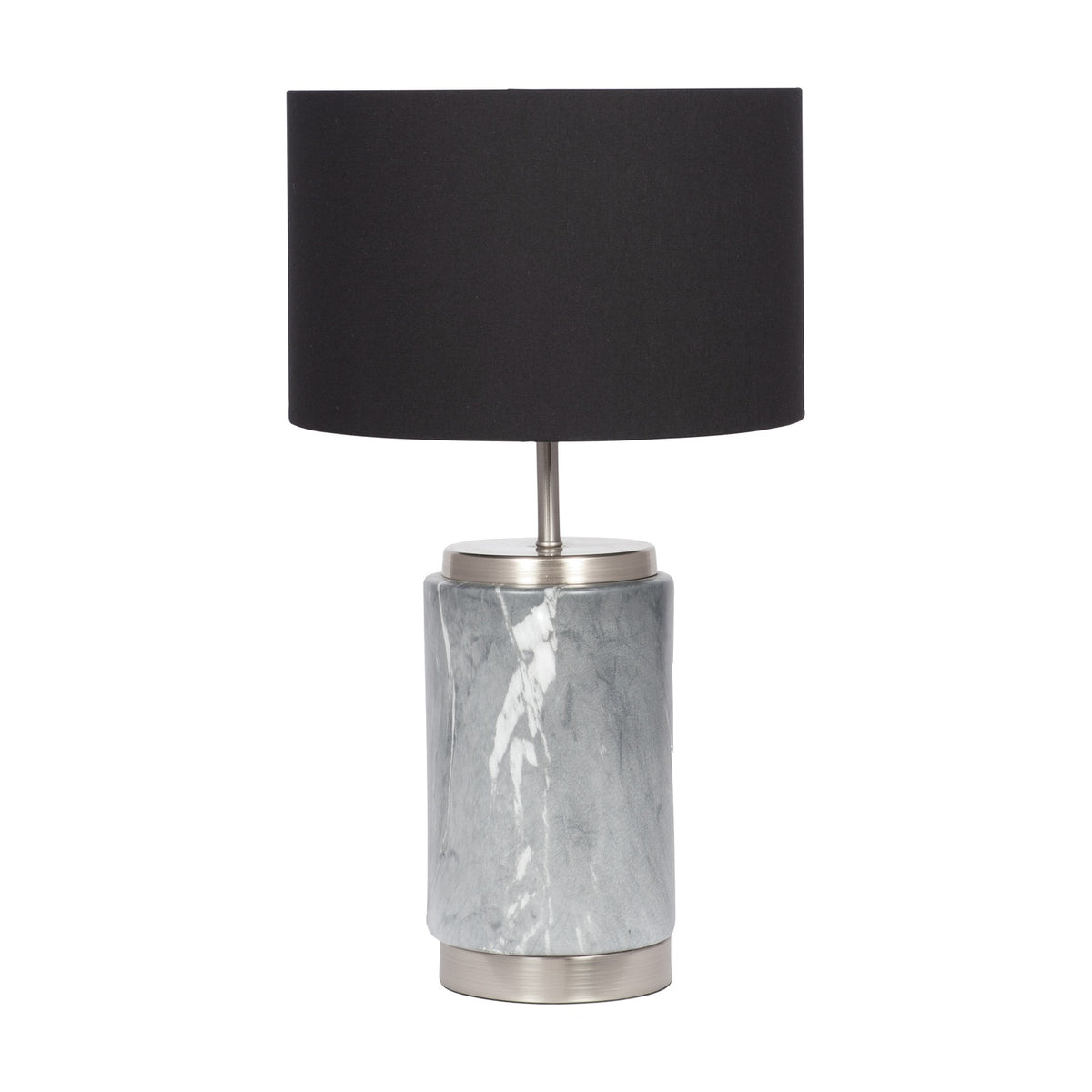 Carrara Grey Marble Effect Ceramic Table Lamp, 50cm, with a cylindrical grey marbled ceramic base, brushed metal fittings, and a black drum shade on a plain white background.