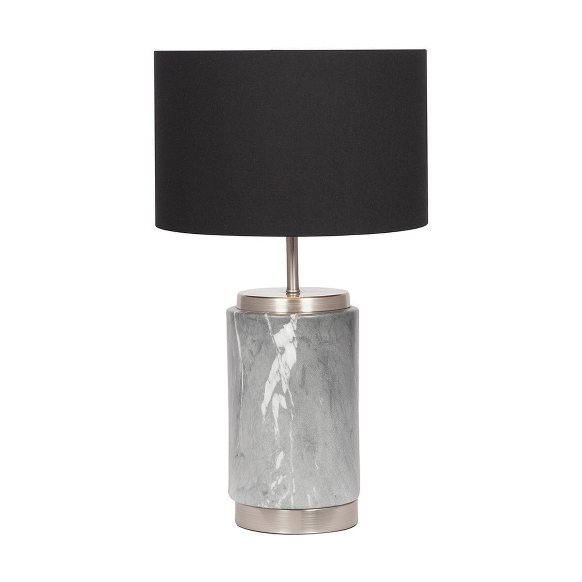 Carrara Grey Marble Effect Ceramic Table Lamp, 50cm, with a cylindrical grey marbled ceramic base, brushed metal trims, and a black drum shade on a white background.
