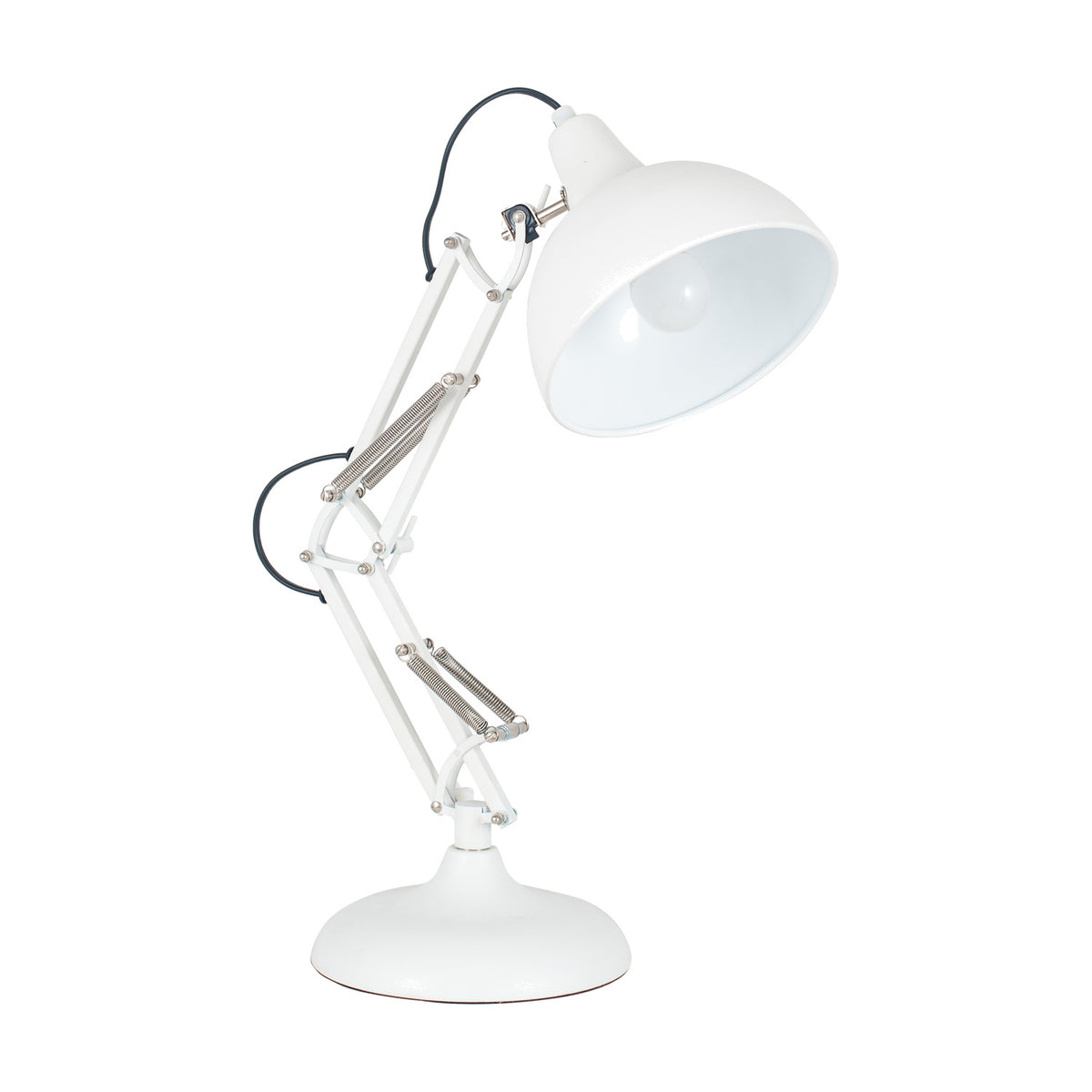 Alonzo Matt White Angled Task Table Lamp, 55cm, with adjustable metal arm, round base and domed shade on a plain white background.