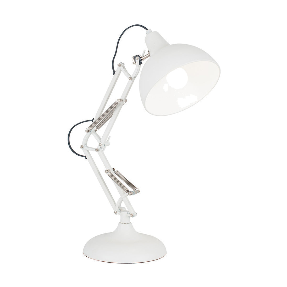 Alonzo matt white angled task table lamp, 55cm, with adjustable metal arm and round dome shade on a circular base, shown on a plain white background.