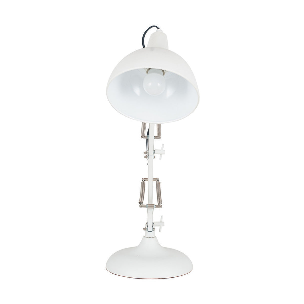Alonzo matt white angled task table lamp, 55cm, with dome shade over a visible bulb, adjustable spring-hinged neck, and round base, shown on a plain white background.