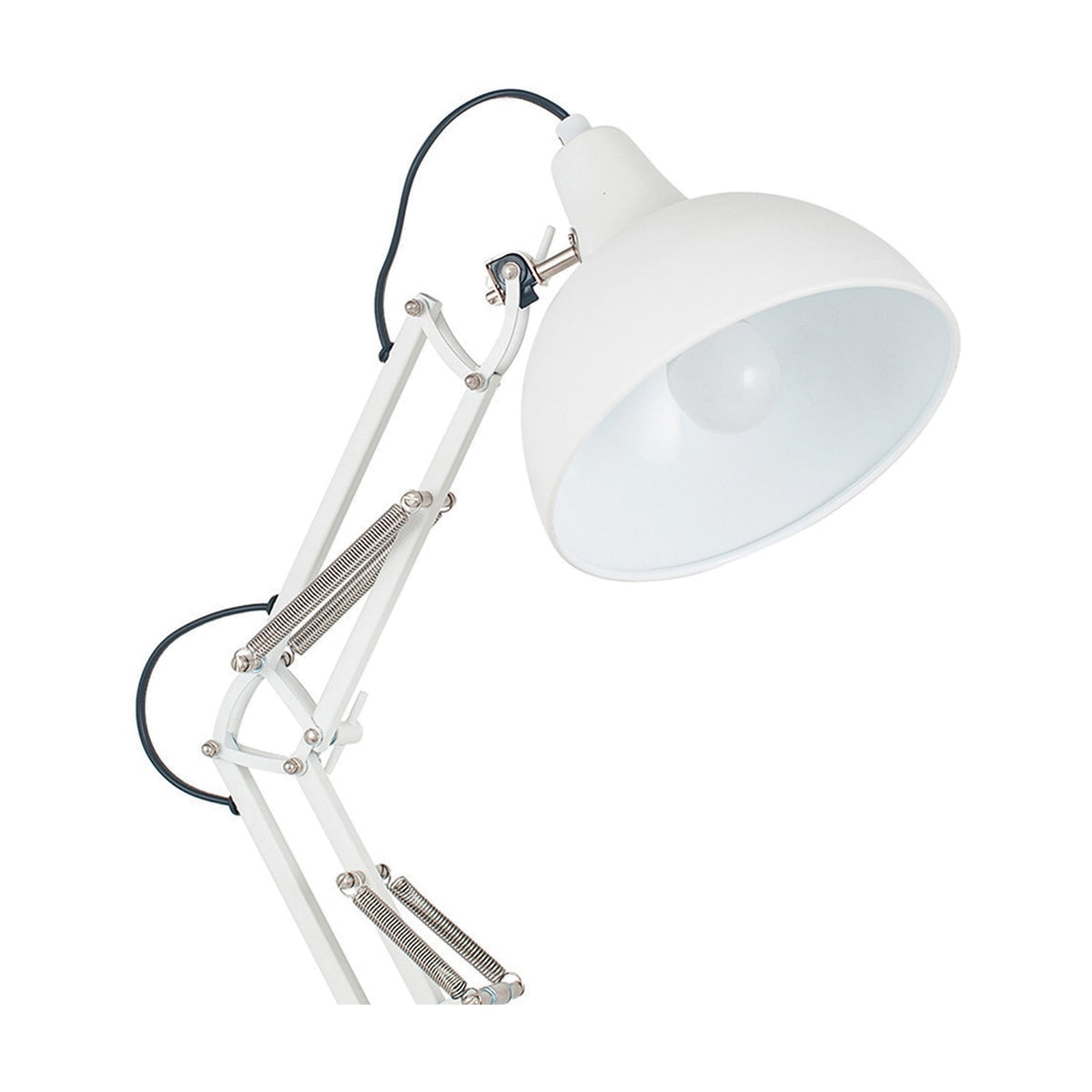 Alonzo matt white angled task table lamp with adjustable metal arm, spring joints and round dome shade, shown close-up on a white background.