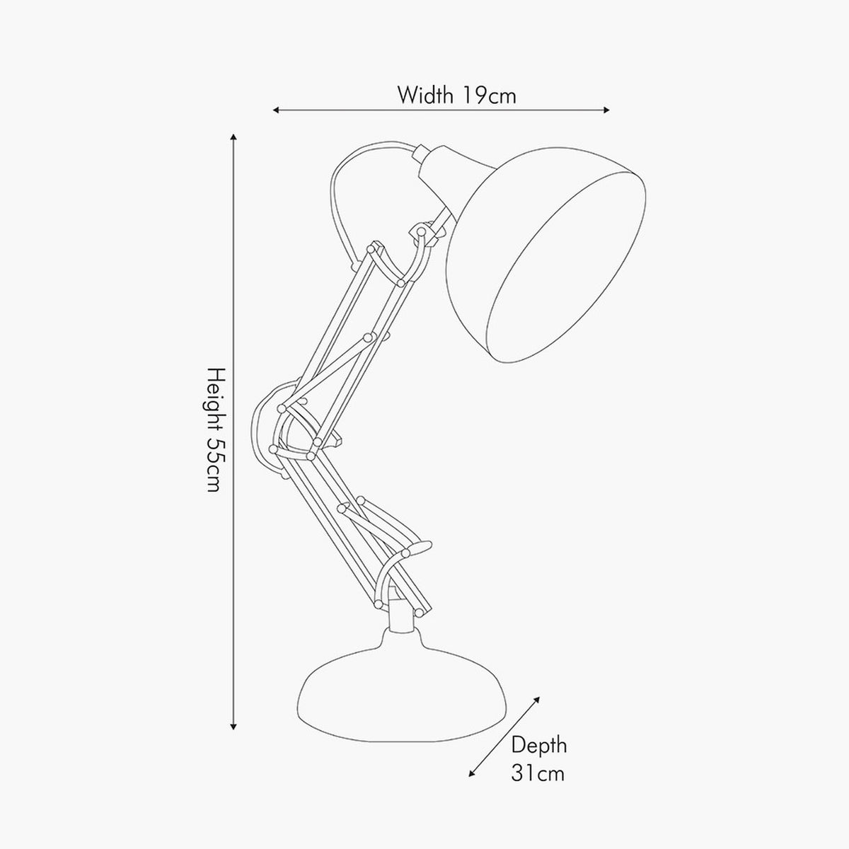 Line drawing of the Alonzo Matt White Angled Task Table Lamp showing adjustable metal arm and dome shade, with dimensions 55cm height, 19cm width, 31cm depth.
