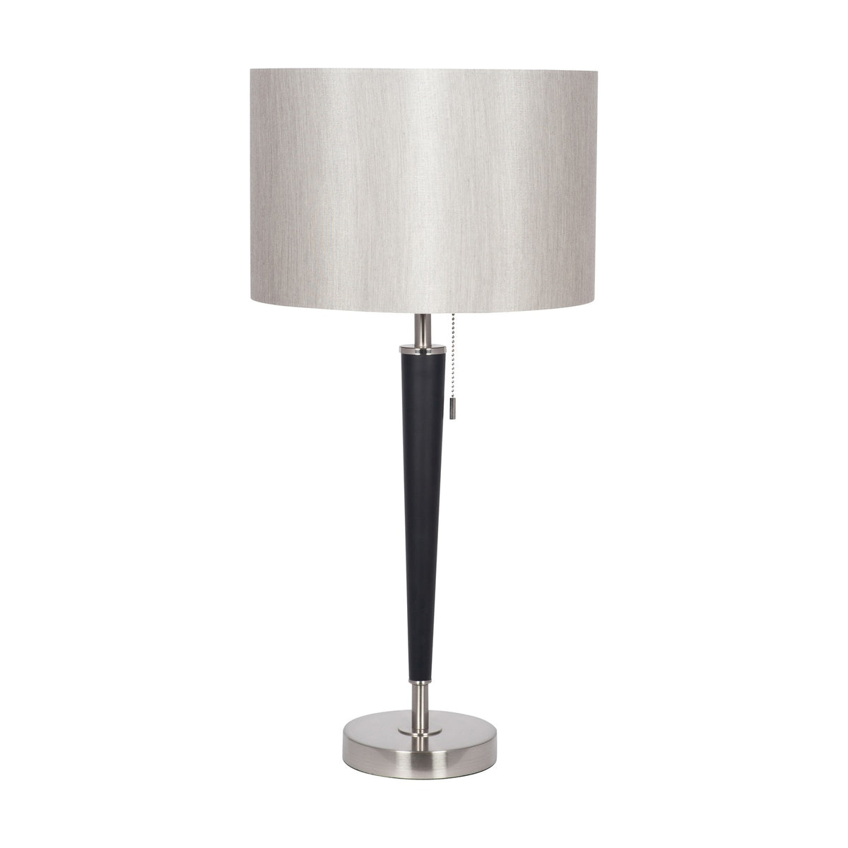 Lowry table lamp, 63cm, with a tapered matt black iron stem, brushed silver base and pull-cord switch, topped by a light grey drum shade on a plain white background.