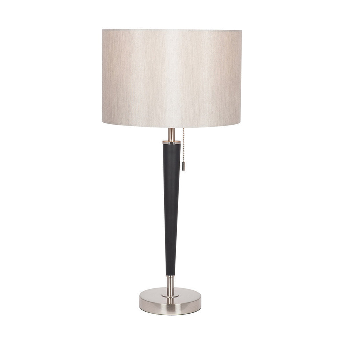 Lowry table lamp with tapered matt black iron stem, brushed silver base and pull-cord switch, topped with a beige drum fabric shade on a plain white background.