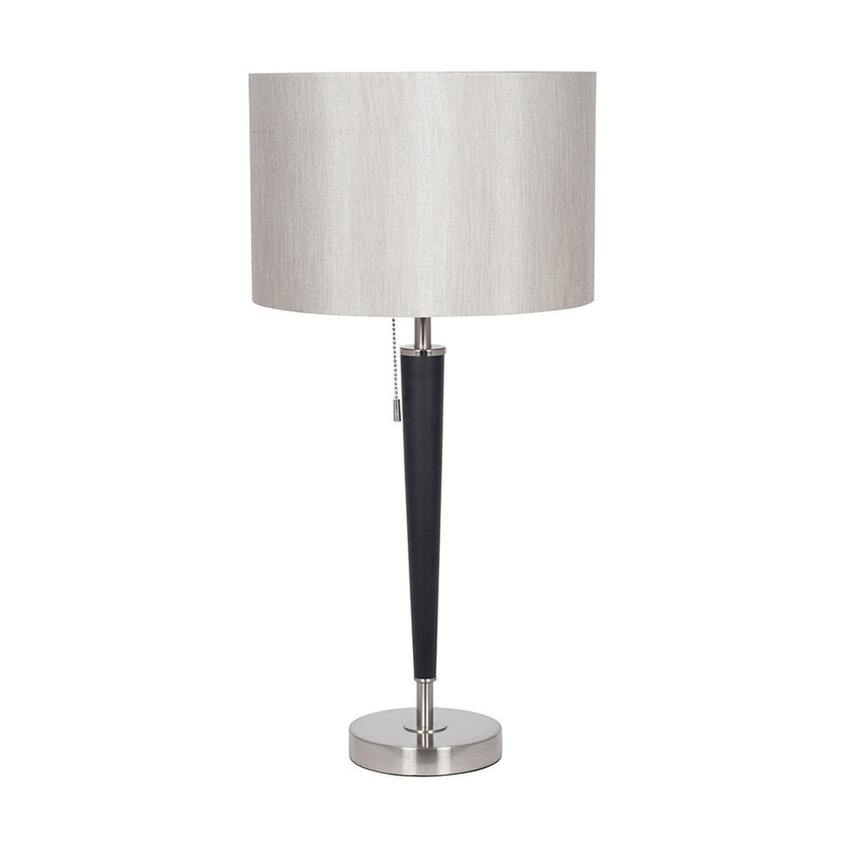 Lowry table lamp, 63cm, with a tapered black iron stem, brushed silver base and neck, pull-cord switch, and a light grey drum fabric shade, on a plain white background.