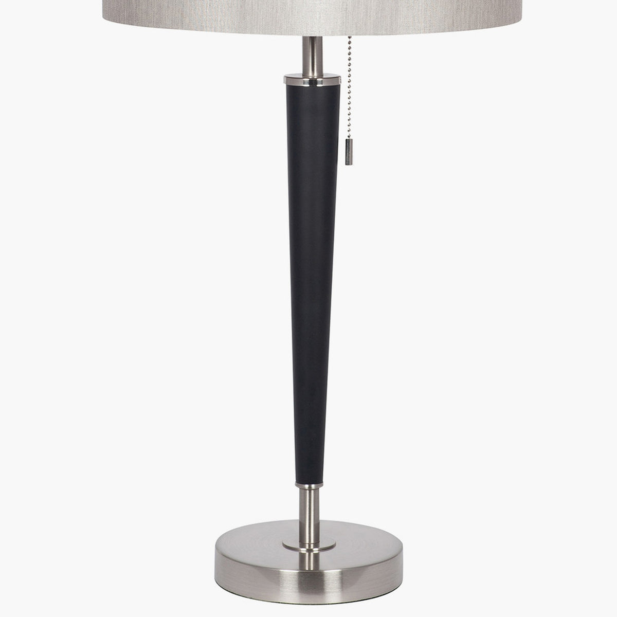 Lowry table lamp base close-up with tapered matt black iron column and brushed silver fittings, pull-chain switch, on a round brushed silver base, plain white background.
