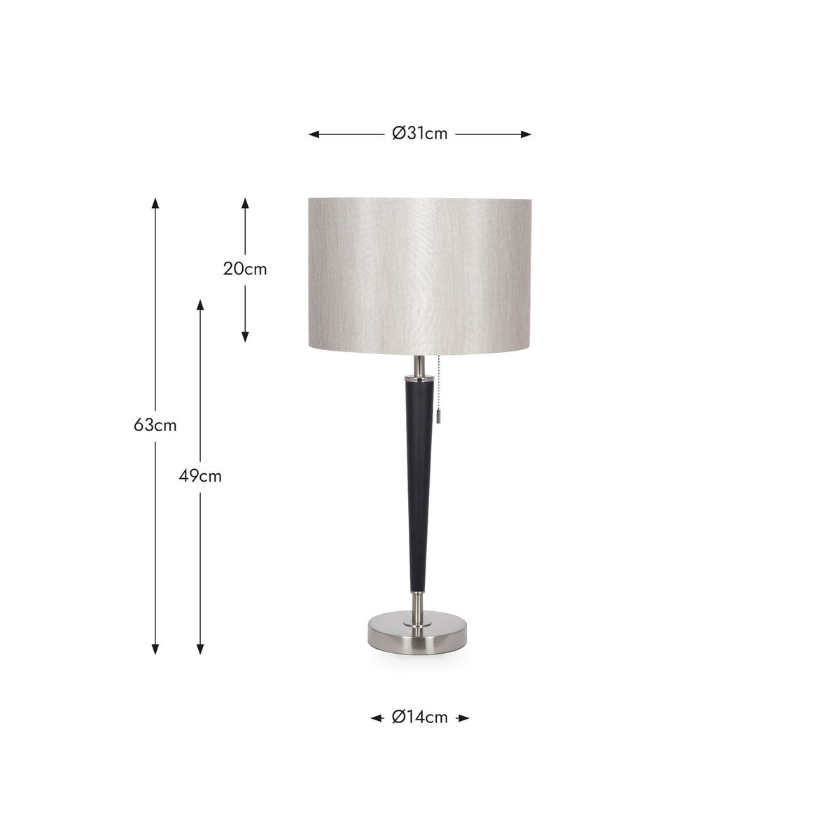 Lowry table lamp with a tapered black iron stem, brushed silver base, and grey drum shade, shown with dimension labels for height and diameter on a white background.