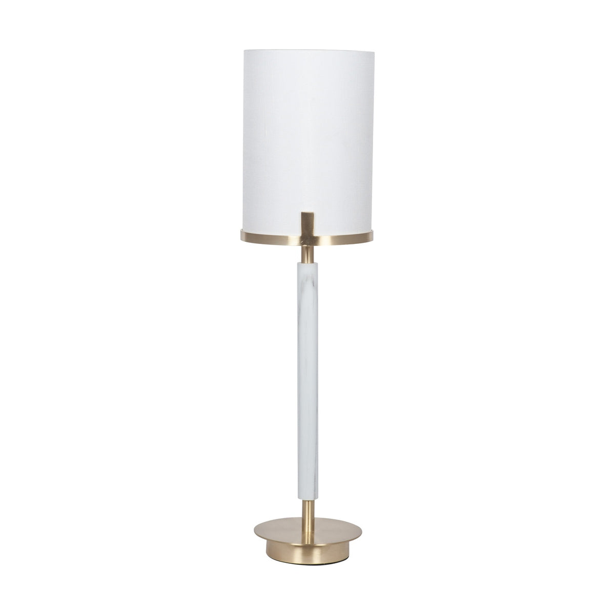 Midland table lamp, 60cm, with white cylindrical fabric shade, marble-effect column, and champagne gold metal base and trims, on a plain white background.