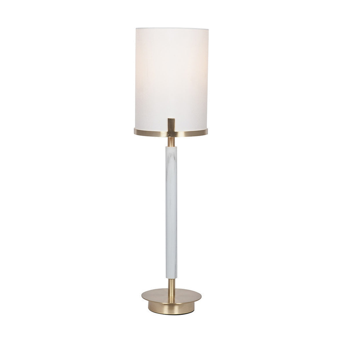 Midland table lamp, 60cm, with a white cylindrical fabric shade, champagne gold metal fittings, and a marble-effect white column base, shown on a plain white background.