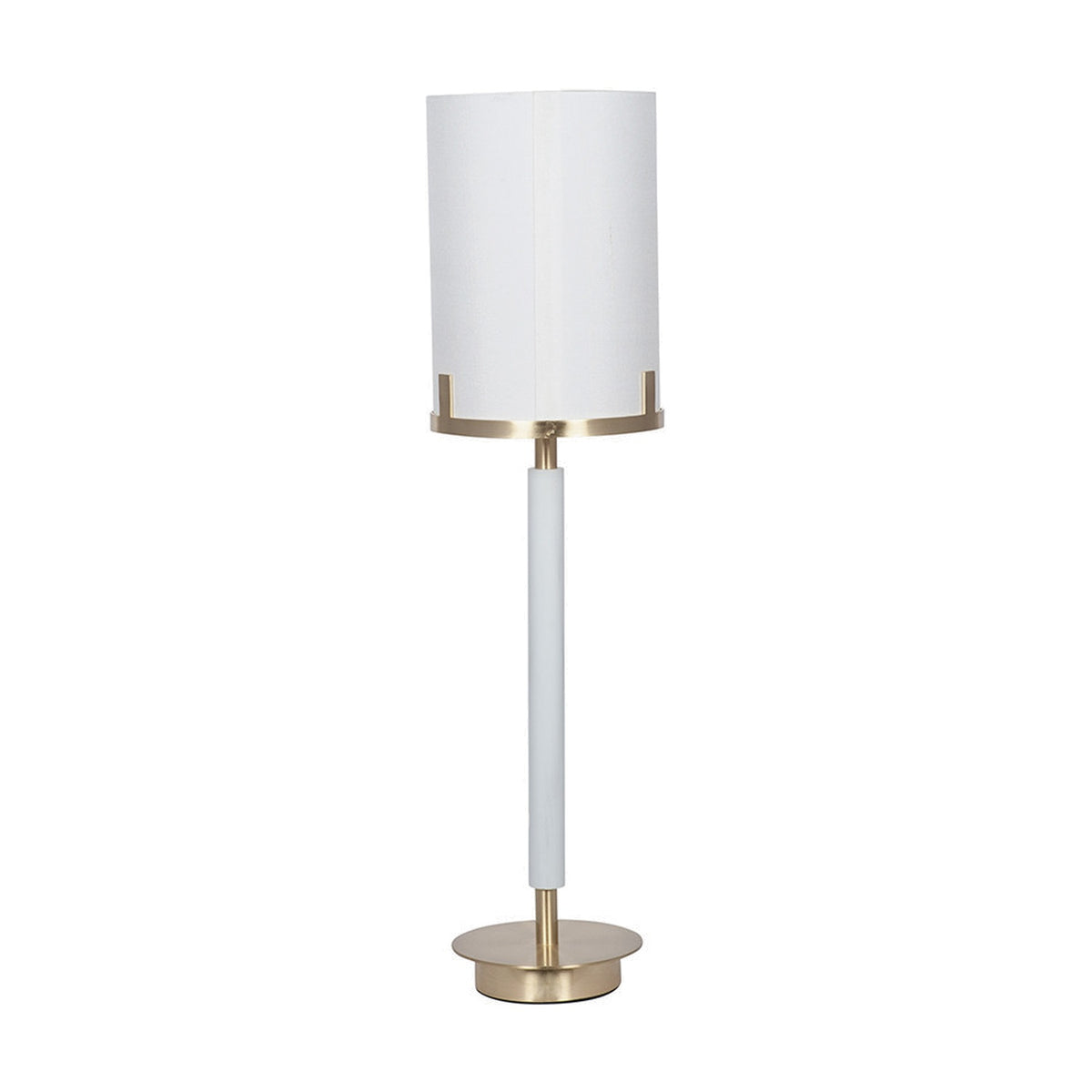 Midland table lamp, 60cm, with a cylindrical white fabric shade, champagne gold metal frame and base, and a slender white column stem, shown on a plain background.