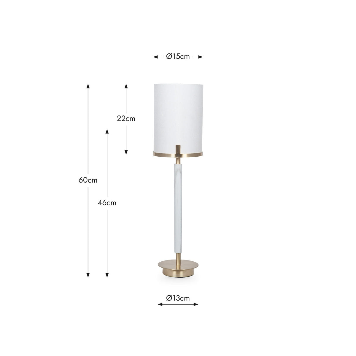 Midland table lamp with white cylindrical fabric shade, champagne gold metal fittings and tapered stem on a round base, shown with dimensions: 60cm height, Ø15cm shade, Ø13cm base.